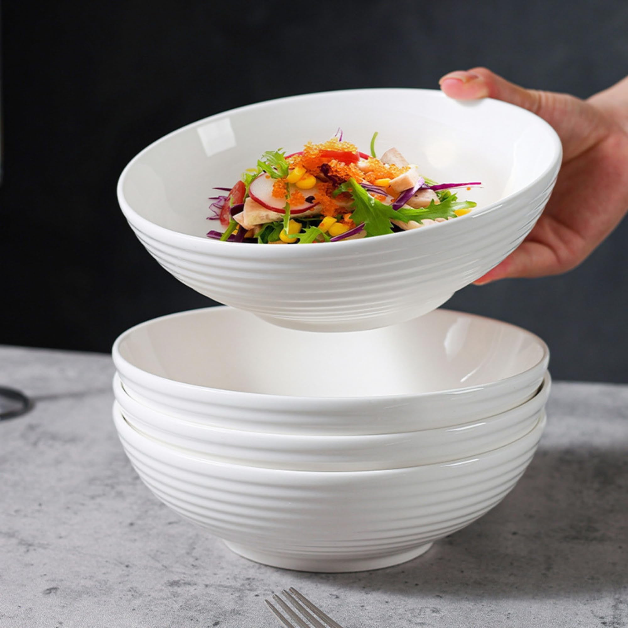 OLWICK 7inch Large Serving Bowls Set of 4 | White Ceramic Bowl for