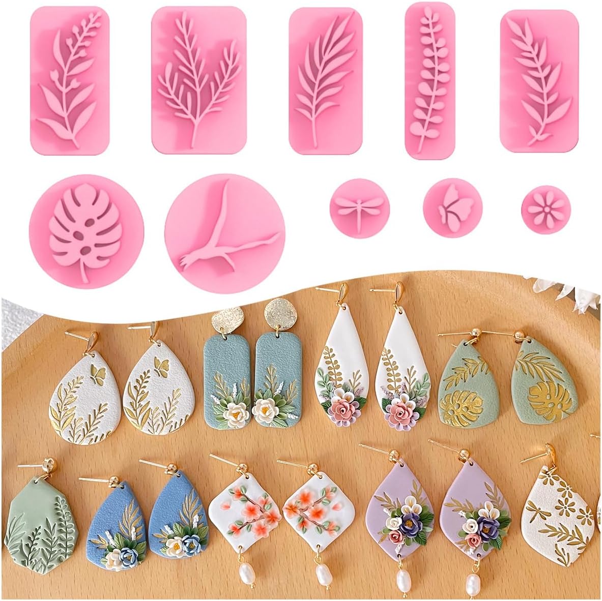 KEOKER Plant Clay Stamps - 10 Shapes for Polymer Clay Jewelry Making, Work with Clay Cutter, Spring Cutter Stamps