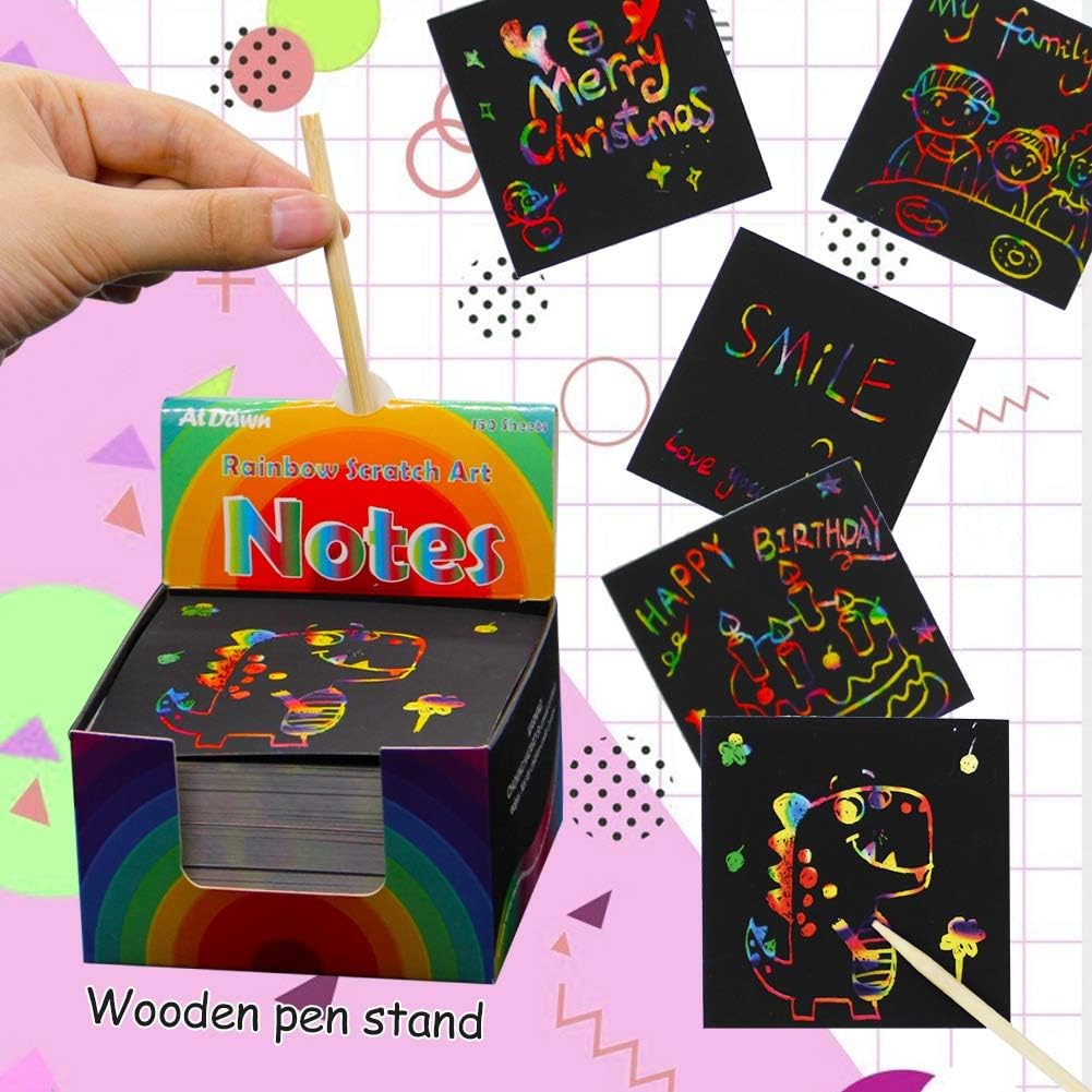 ATDAWN Rainbow Scratch Art Notes with 2 Wooden Stylus Pens, Scratch Paper, Scratch Magic Notes, Rainbow Colored Notes, 150 Sheets