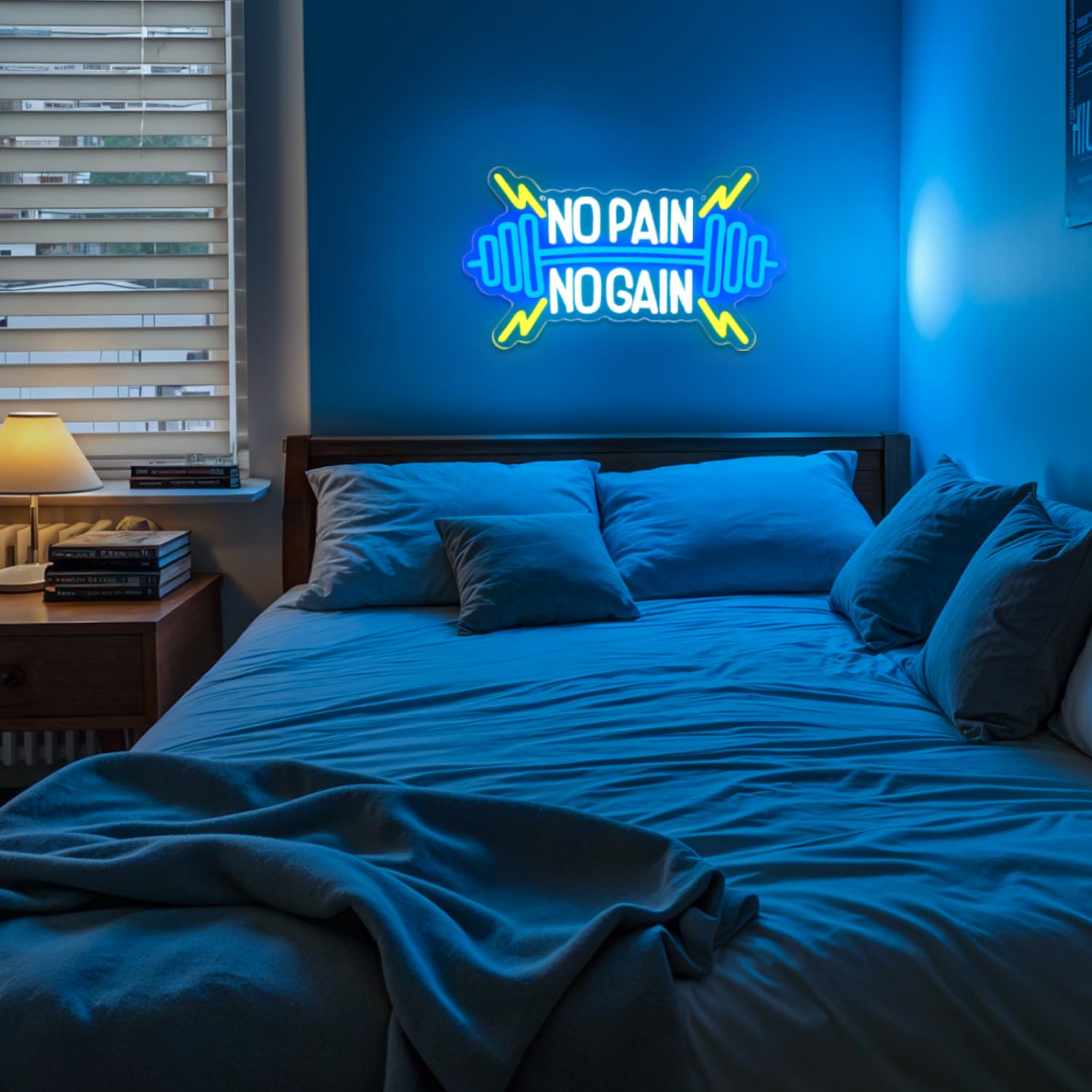 "No Pain No Gain Neon" neonowy znak z hantlami do ściemniania, neonowy znak świetlny z literami do sypialni, pokoju chłopca, siłowni, klubu sportowego