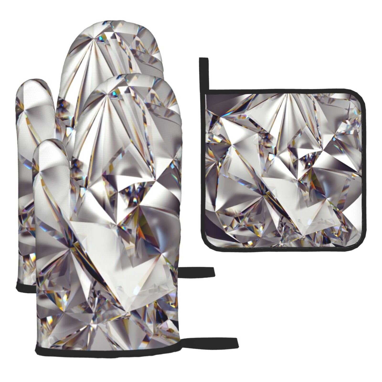 Glitter Abstract Diamond Crystal Pattern Print Oven Kitchen Gloves For Baking Outdoor Grilling Home Use Mitts Microwaving Bbq