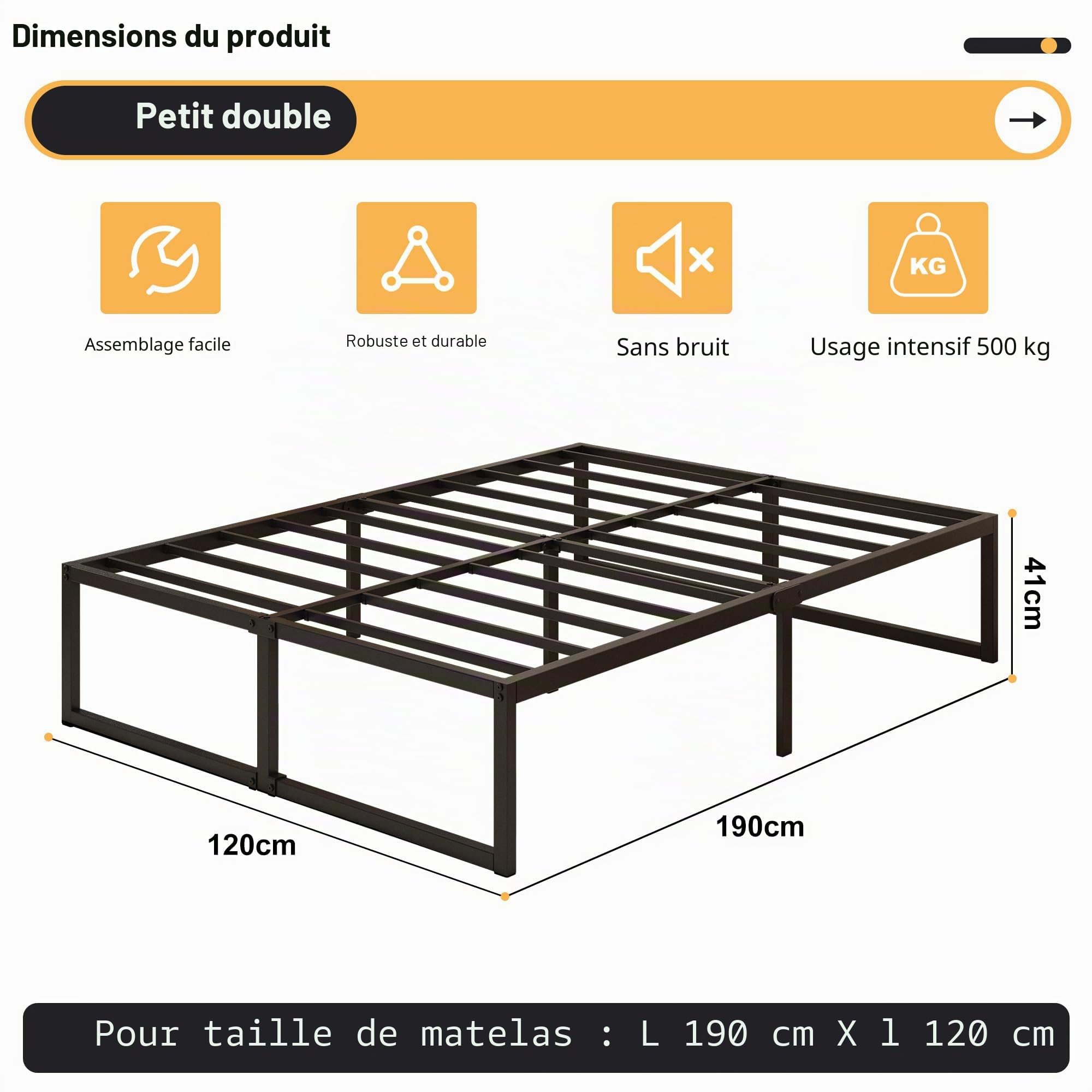Yicensen Petit Cadre de Lit Double 120 x 190 cm, Lit Plateforme en Métal avec Support à Lattes en Acier, Montage Facile, sans Bruit, Pas Besoin de Sommier Tapissier, 41 cm de Haut, Noir