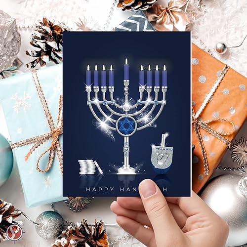 Miniatura 2 de Juego de tarjetas de felicitación de Happy Hanukkah con sobres, elegante menorá azul, Dreidel y monedas plateadas para fiestas religiosas judías
