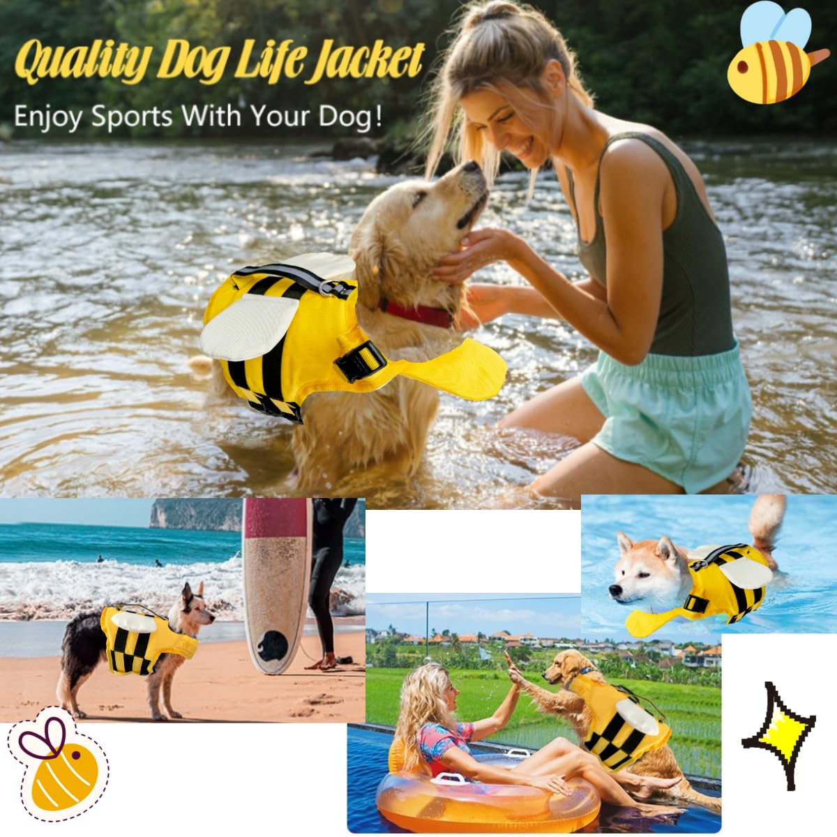Little Bean Giubbotto di salvataggio per cani galleggiabile regolabile maniglia di salvataggio taglia M giallo