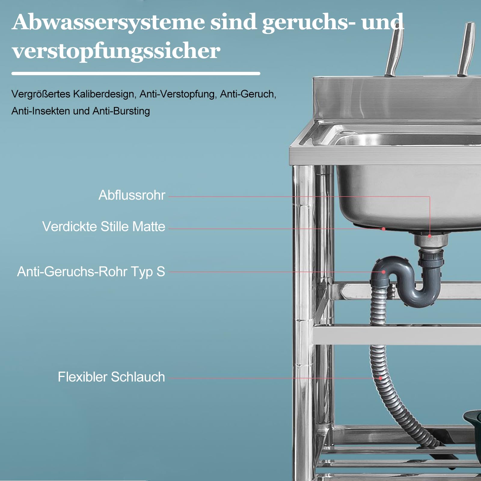 Évier sur pied en acier inoxydable avec 1 bac (gauche) 80 x 50 x 80 cm - Évier commercial avec conduite d'eau chaude et froide - Robinet et bonde - Pour extérieur, intérieur, cuisine, salle à