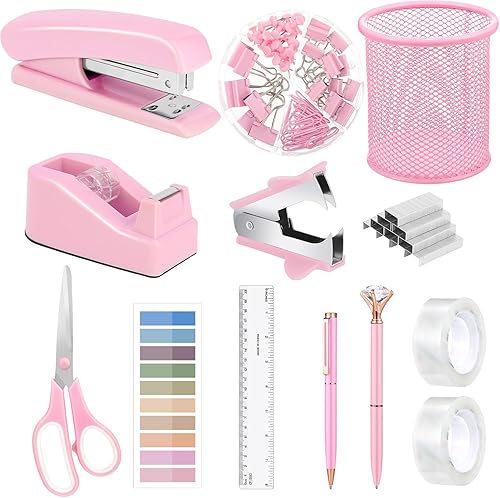 auroray Suministros de oficina rosa 13 en 1, accesorios de escritorio rosa para mujer con grapadora, dispensador de cinta, 1000 grapas, soporte para