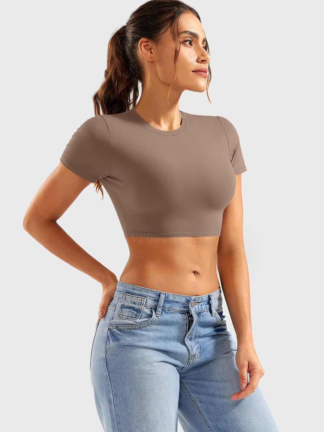 YEOREO Short Sleeve T Shirt for Women Double Lined Crop Top Crew Neck Workout Tee Colin Slim Fit Summer Basic Going Out Top - Image 3