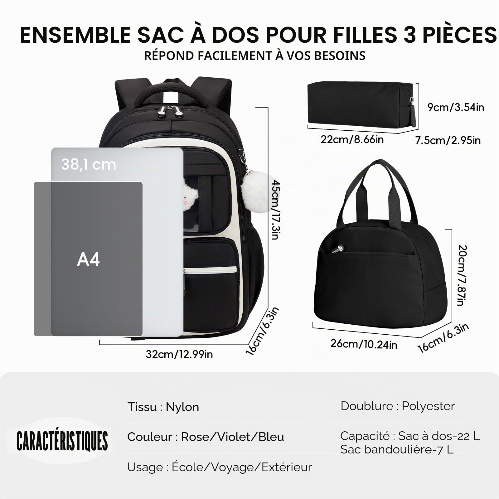 Amythe Sac à Dos Fille, 3 Pièces Cartable Fille Primaire en Nylon, Noir