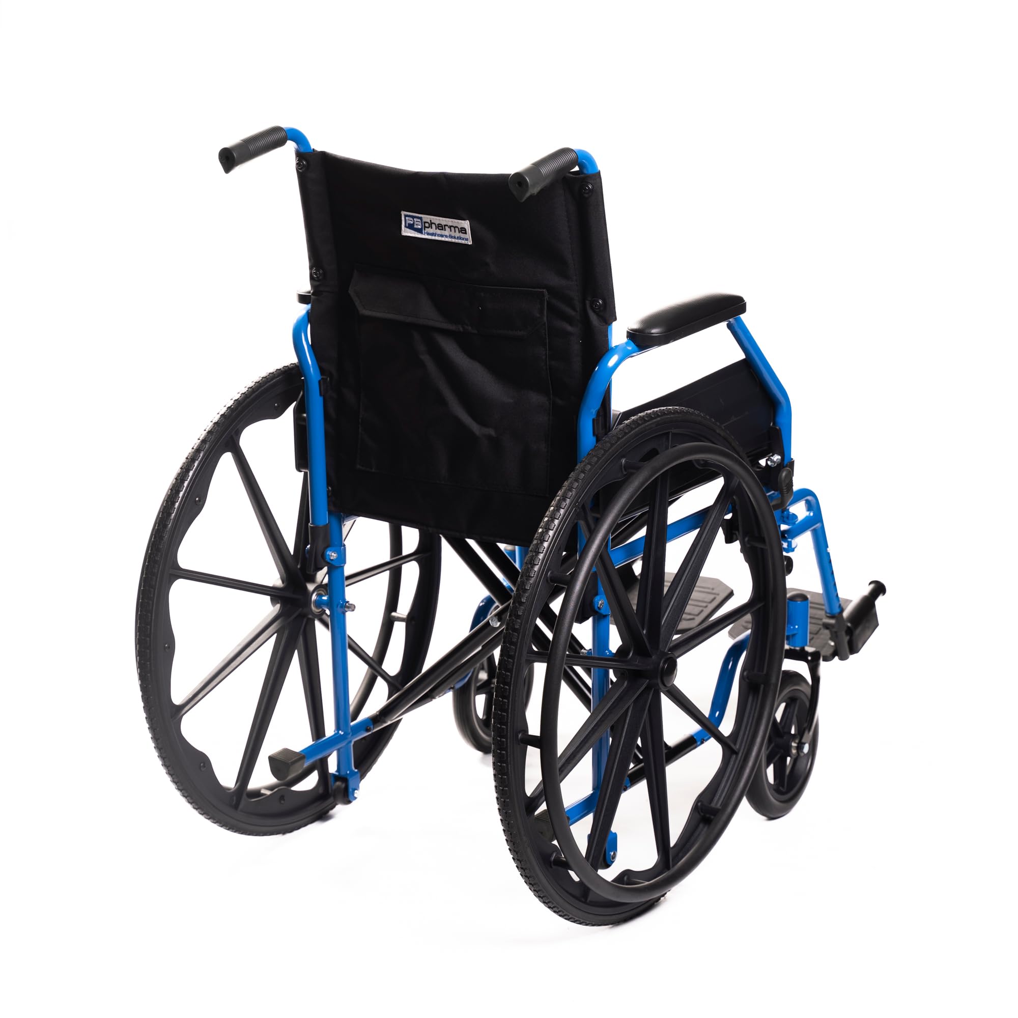 PBPharma - Carrozzina Deluxe Pieghevole 40 x 43 e Leggera per Anziani - Sedia a Rotelle Pieghevole con Braccioli Ribaltabili, Pedane Estraibili, Ruote Piene e Freni di Stazionamento Blu