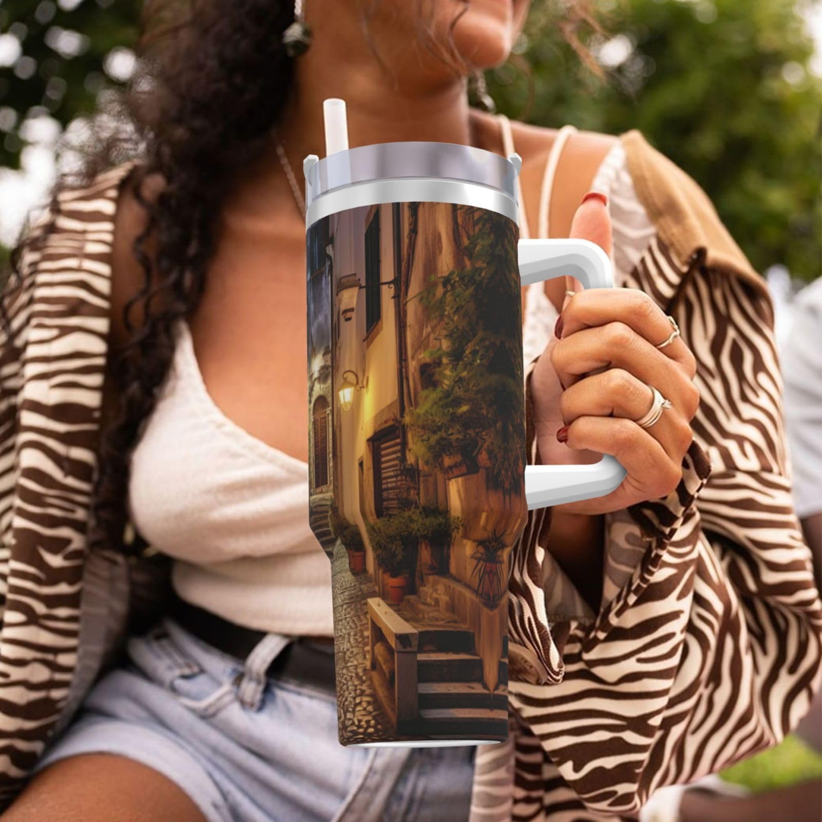 Italian Old Street Ice Bully Wasserflasche aus Edelstahl, doppelwandig, isoliert, mit Griff und Strohhalm-Deckel, 1,2 l