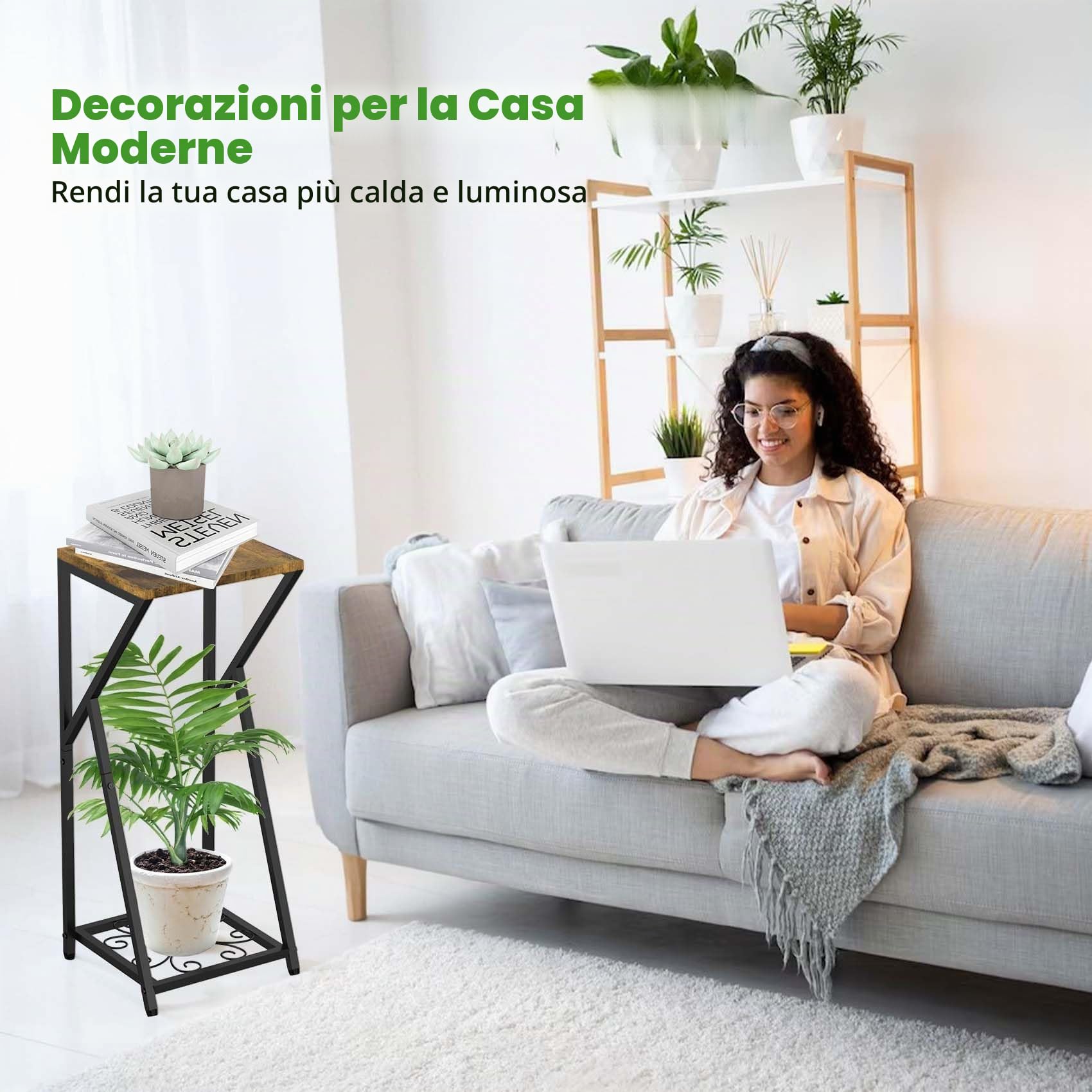 Porta Piante Da Interno in Metallo con Piano in Legno, 2 Livelli Supporto Piante, Moderno Porta Piante Portavaso per Piante per Soggiorno, Balcone, Patio, Giardino