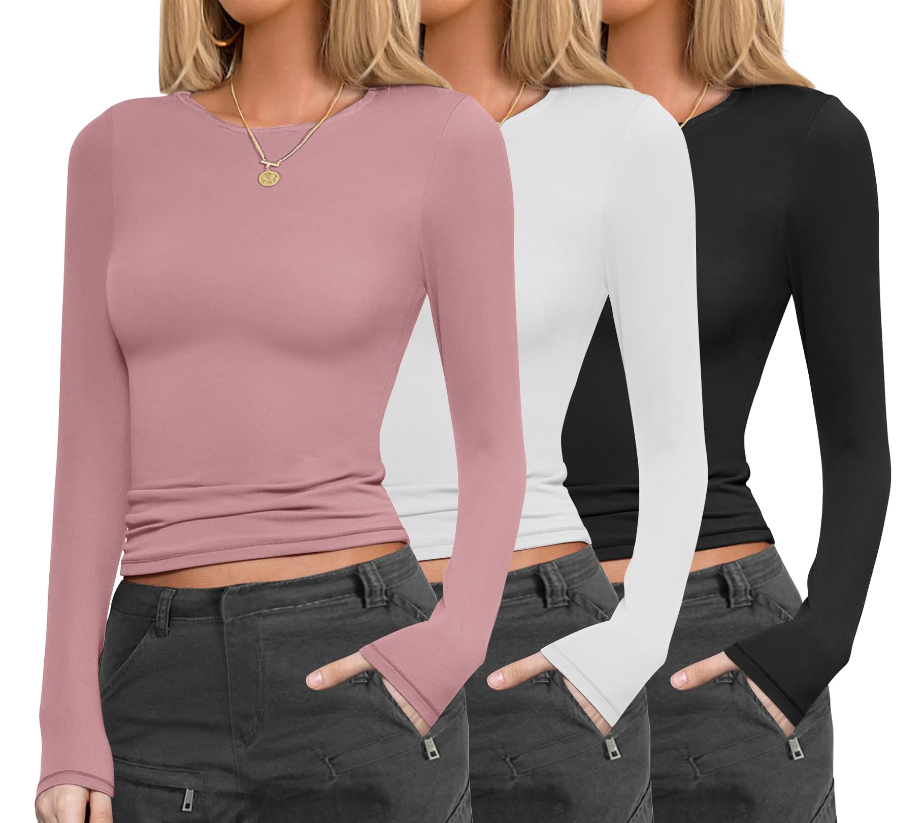 Ekouaer Womens 3 Pack Long Sleeve Shirts Fitted Tops Underscrub Undershirt