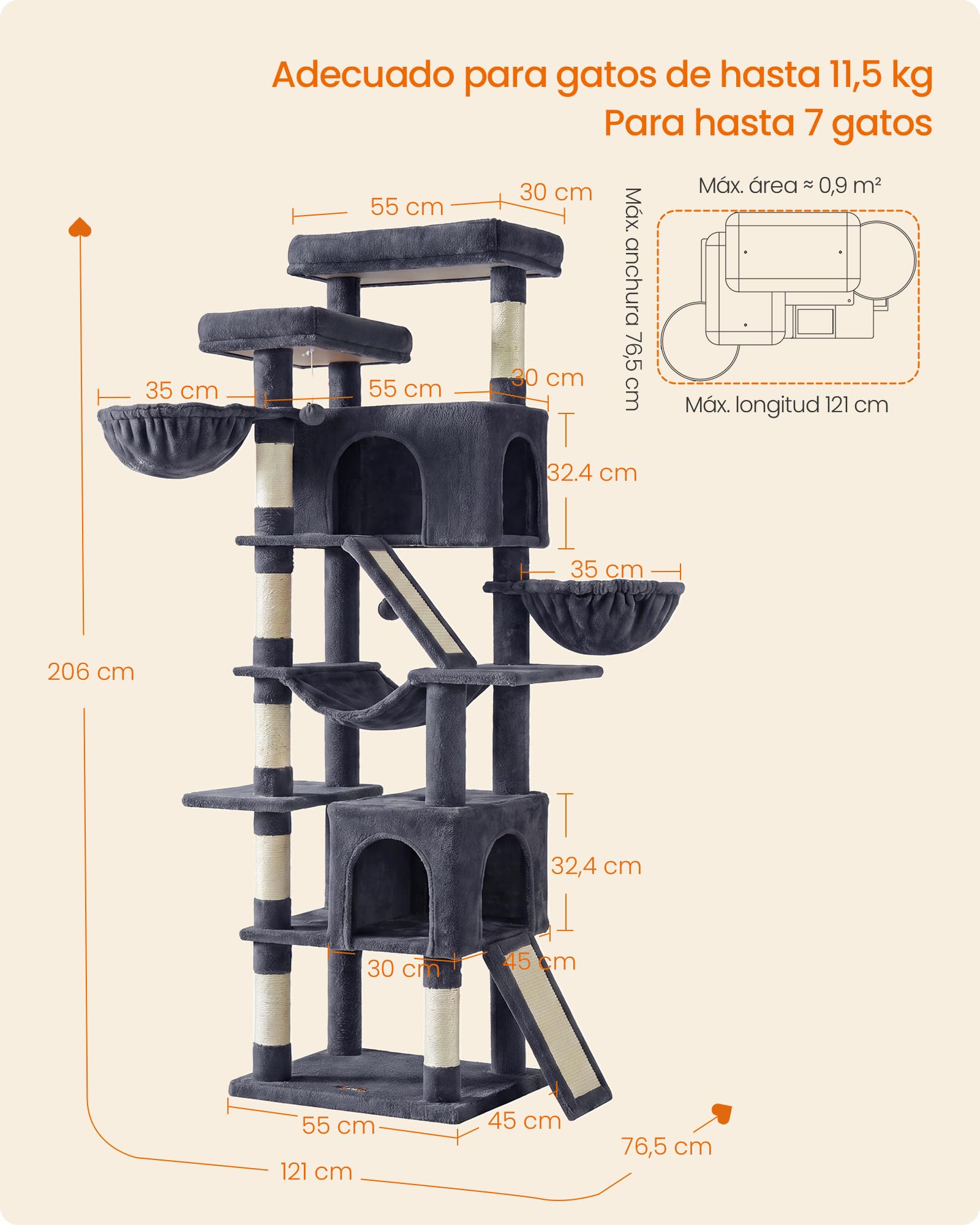 Feandrea Árbol para Gatos XXL, Torre con Postes de Sisal, Rascador para Varios Gatos Grandes, 7 Áreas de Descanso, 55 x 45 x 205 cm, Gris Oscuro, Colección Clawfy PCT021G201