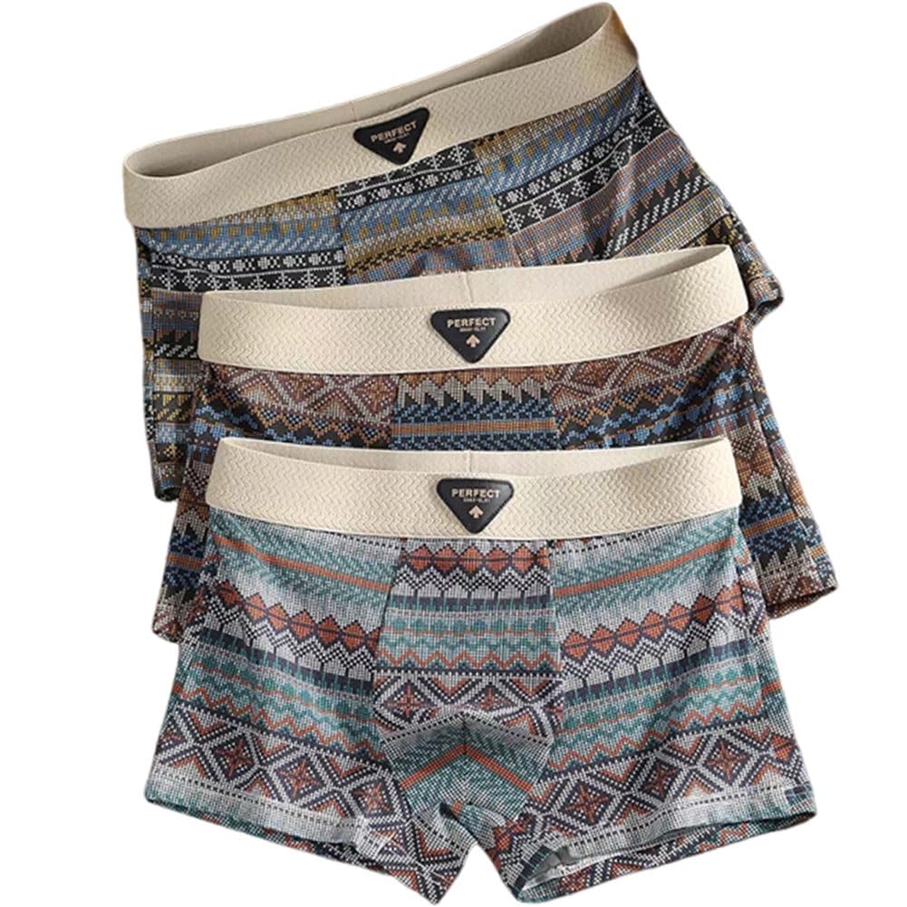 tixiboli Men's Premium Cotton Boxer Briefs – Retro Pattern, Breathable Mesh Panels, Seamless Waistband, Moisture-Wicking