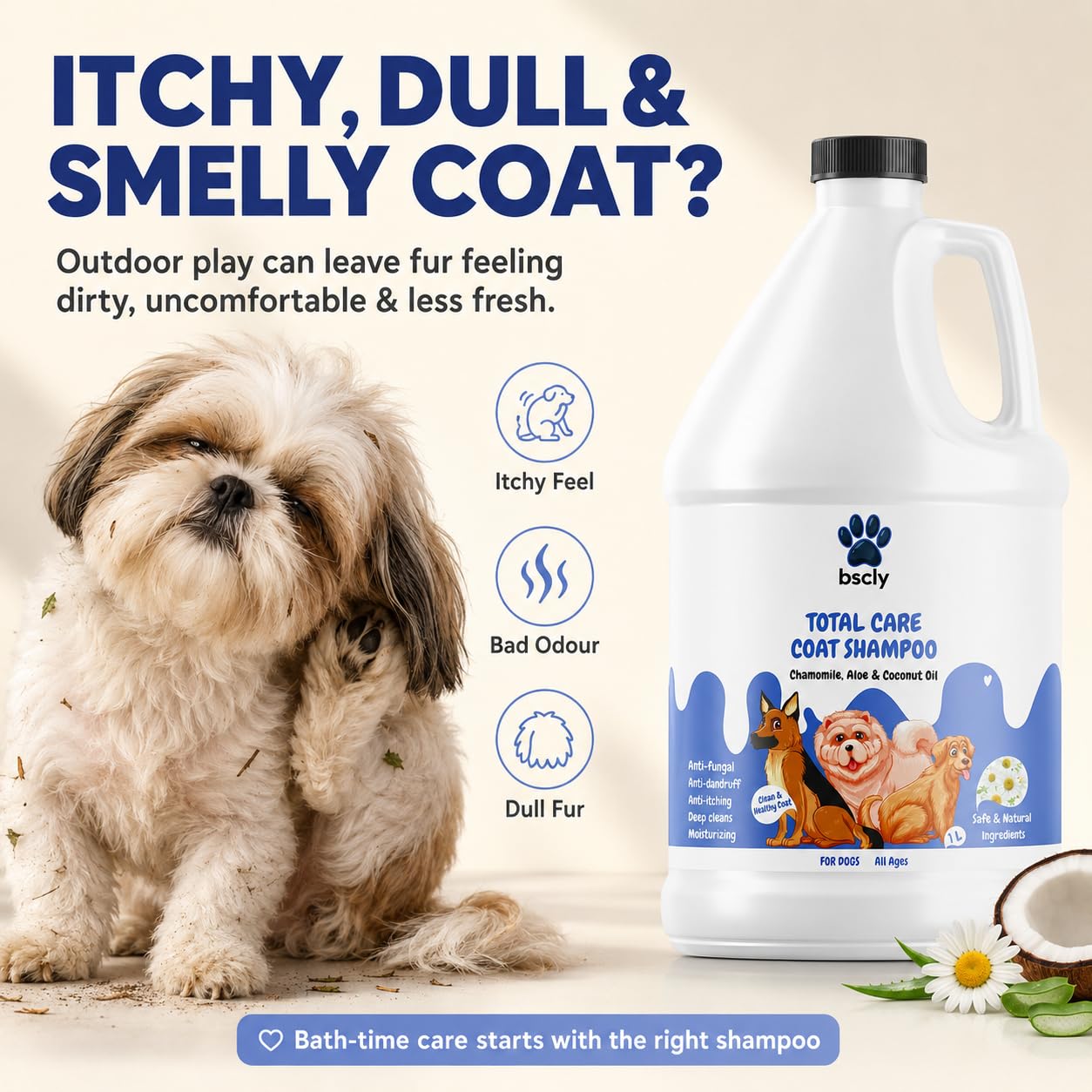 Bscly Total Care Dog Shampoo 1000ml | Anti Tick & Flea Shampoo for Dogs | Anti-Itch, Antifungal & Antibacterial Pet Shampoo | pH Balanced Puppy Safe Shampoo for Soft Shiny Coat 1