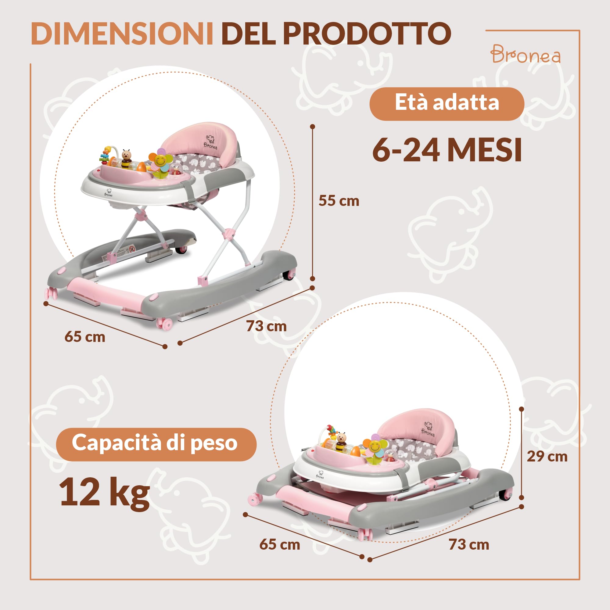 Girello 4-in-1 per Bambini con funzione altalena e pannello di gioco con musica | Regolabile in altezza e pieghevole | Con ruote silenziose e freno