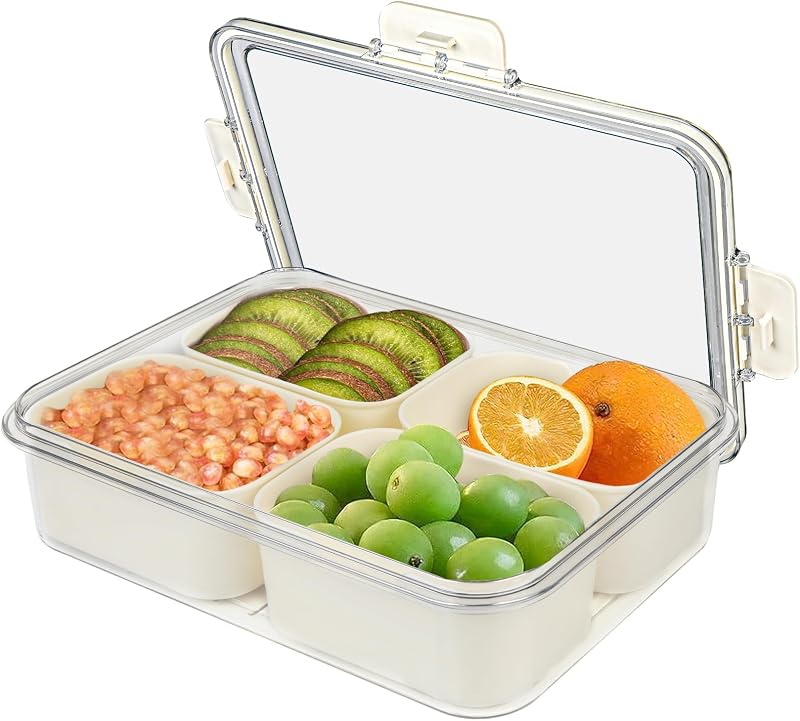 SHTALHST Uzsonnás Doboz 4 Kivehető Rekesszel - Fedeles Snack Tároló Gyümölcsökhöz, Édességekhez és Kekszekhez - BPA-mentes, Kézi Mosogatású