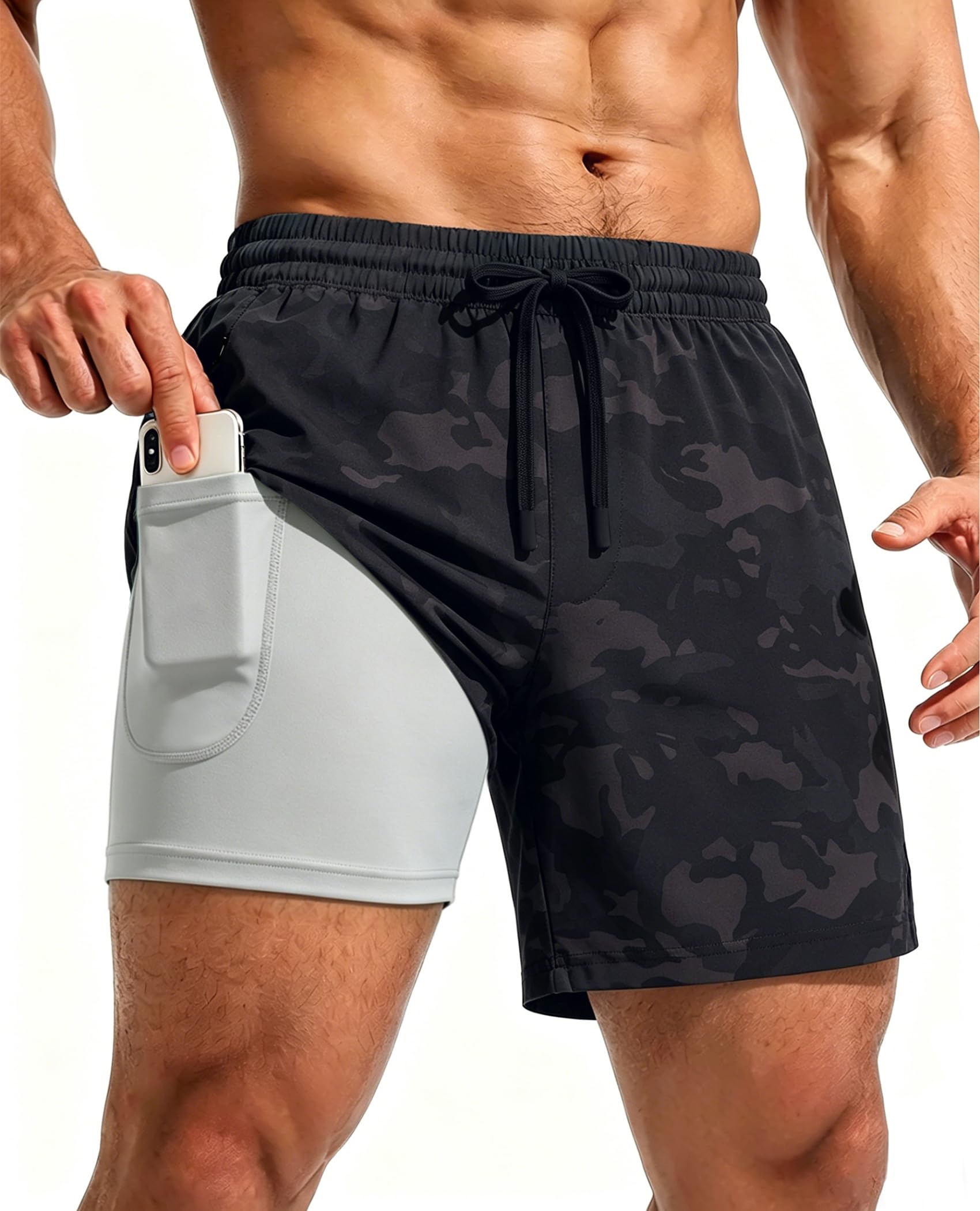 CoozySphere Mens 2 in 1 Running Shorts with Phone Pockets 5 inch Training Gym Shorts with Compression Liner Quick Dry