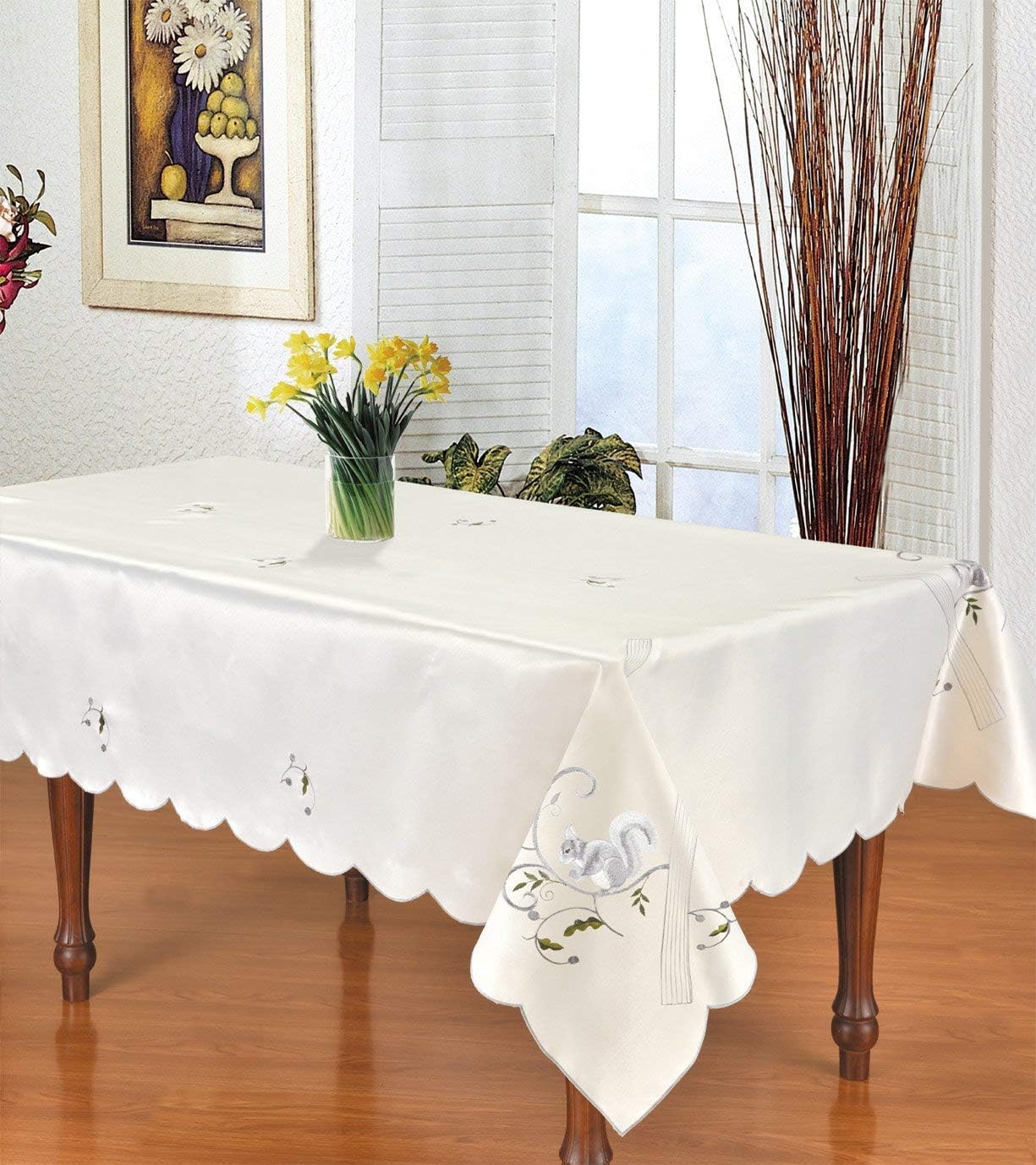 Squirrel Table Cloth, Luxury and Elegant Embroidered Table Cloth, Top Dinner Kitchen Table Cover, 60 x 108 Inches, Beige and Gray