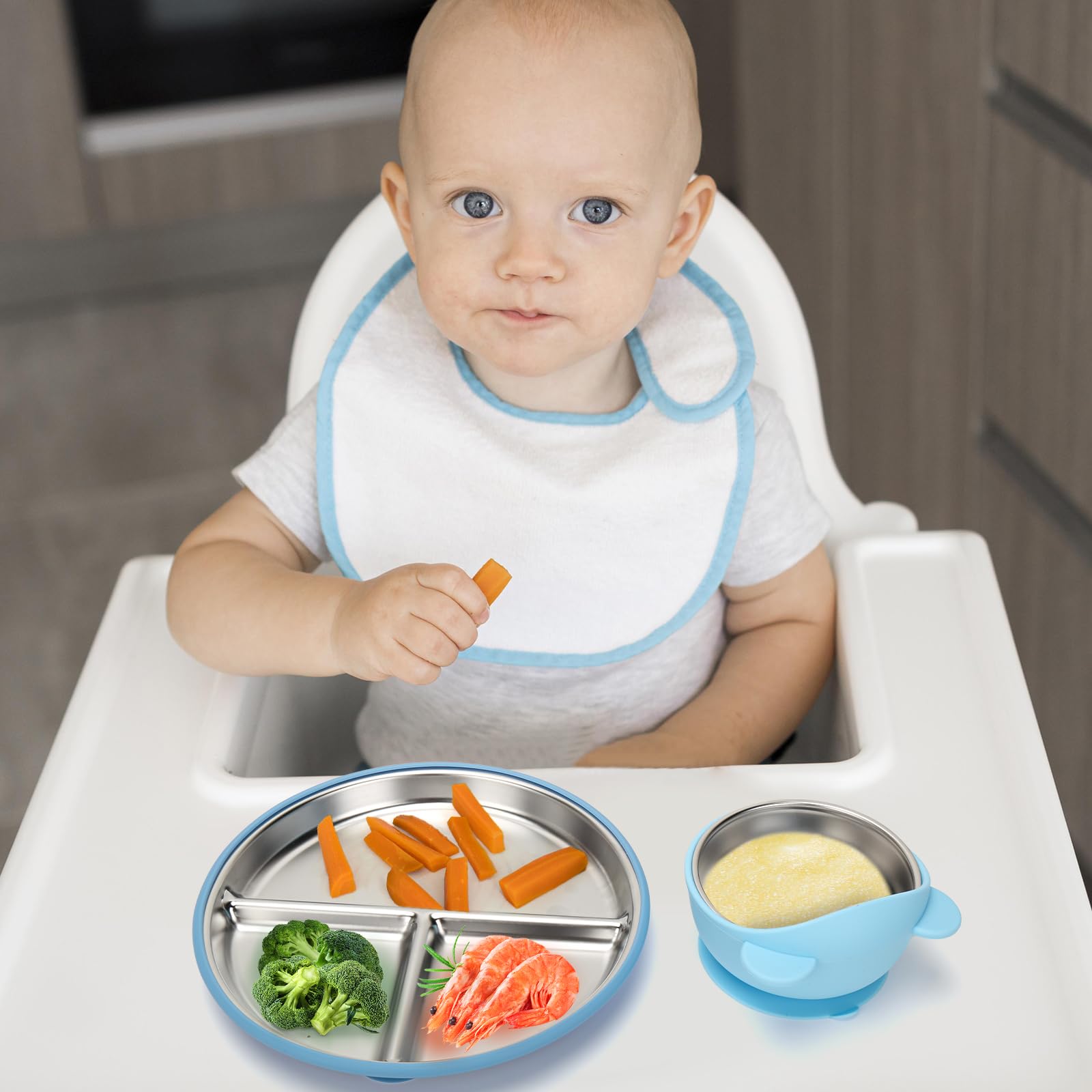 CLDY Set di piatti e ciotole per bambini in acciaio inox, con base in silicone al 100% a ventosa, set da tavola per lo svezzamento dei bambini, infrangibili, senza BPA, regalo per bambini e neonati