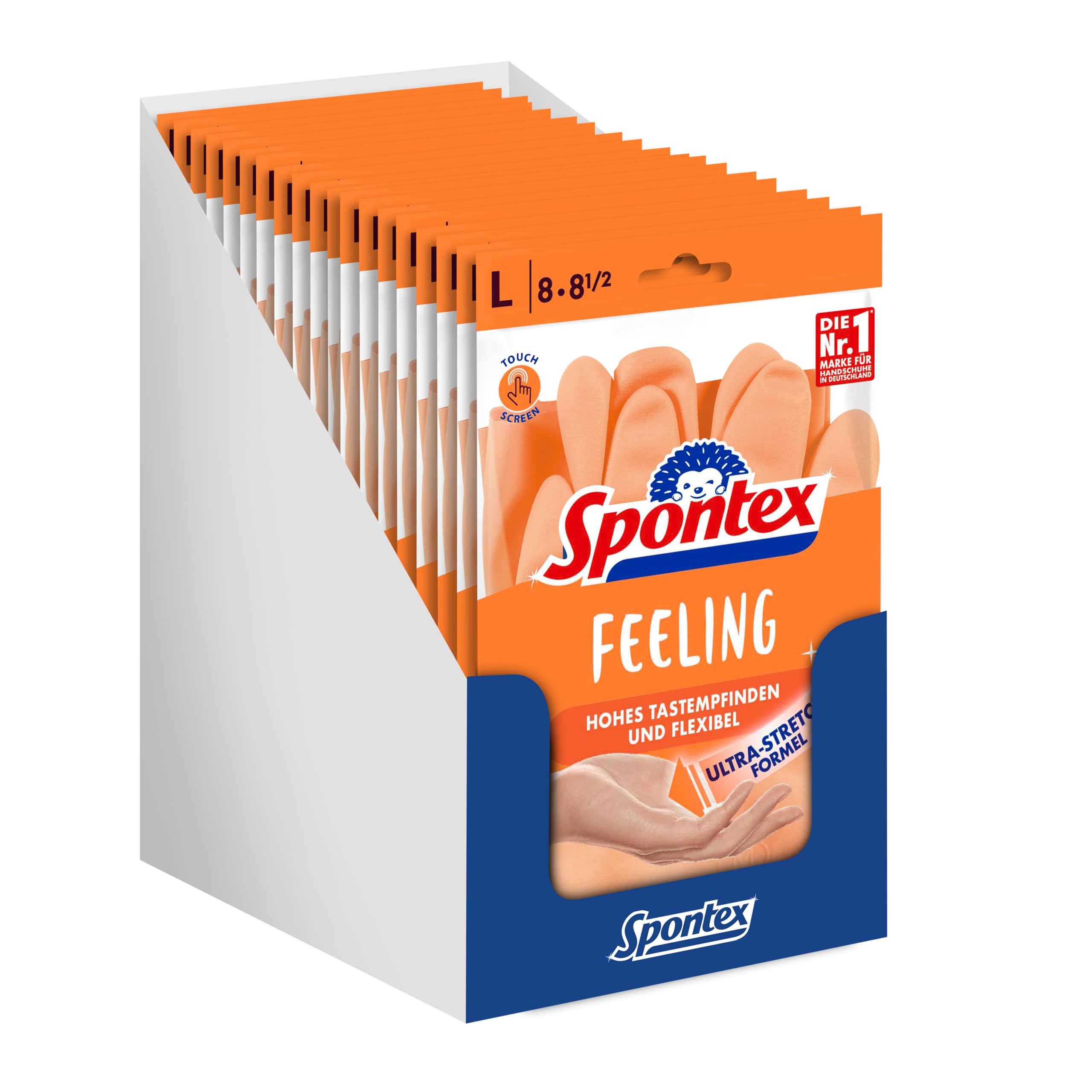 Spontex Feeling Lot de 18 paires de gants de ménage pour tous les travaux de ménage délicats et sensibles au toucher, taille L (18 x 1 paire)