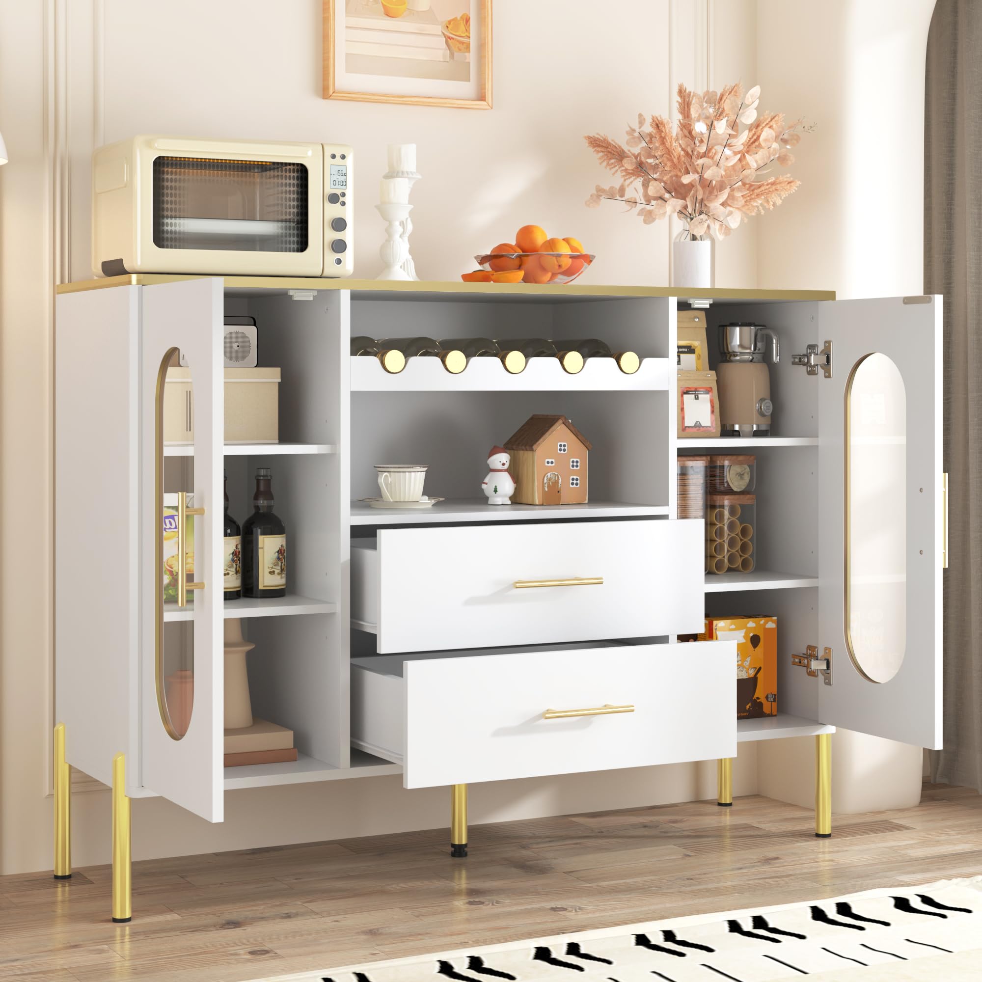 Credenza 120 cm Con Ripiani Interni Regolabili, Ante In Vetro E Cassetti, Buffet Con Portabottiglie Integrato, Mobile Elegante Per Soggiorno Ed Esszimmer