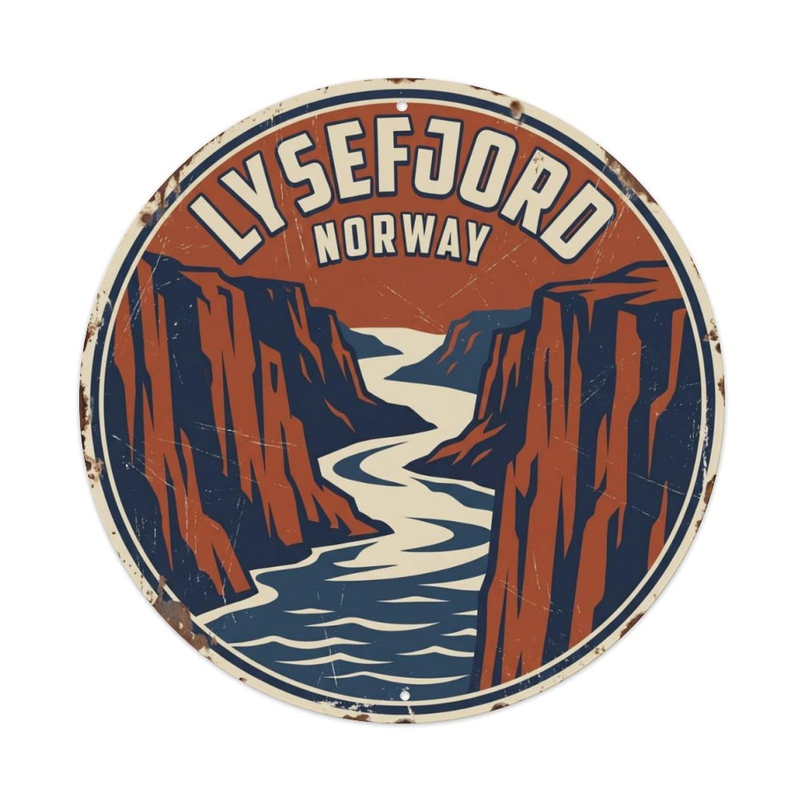 Vintage Travel Lysefjord Norway Cliff Metal Tin Sign Plaque Wall Decor for Cafe, Club, Garden Round Metal Poster 8x8Inch