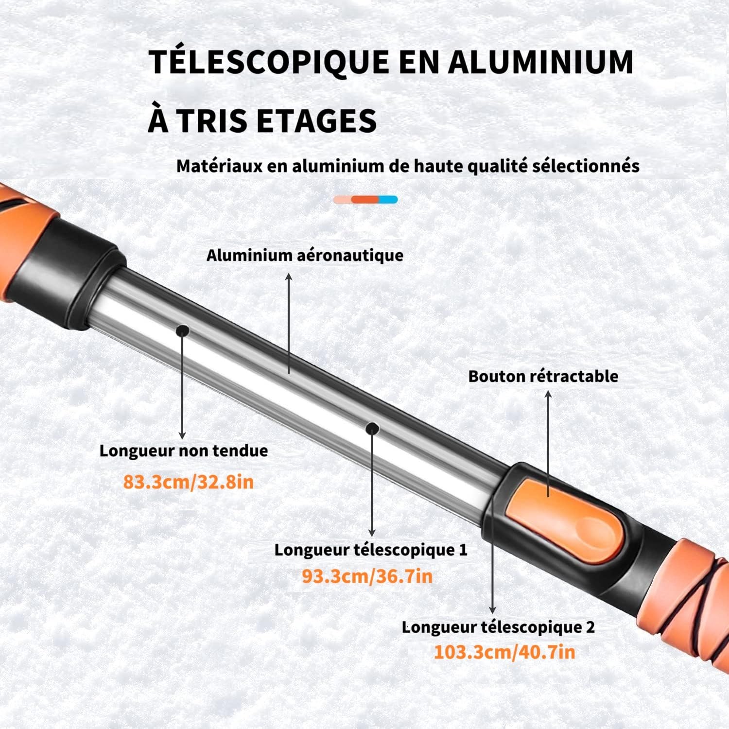 120CM Brosse à Neige pour Voiture - Grattoir à Glace de Pare Brise - Pelle à Neige avec Manche Extensible et Poignée en Mousse - Ensemble de Balai à Neige pour Voiture, SUV, Camion, Orange