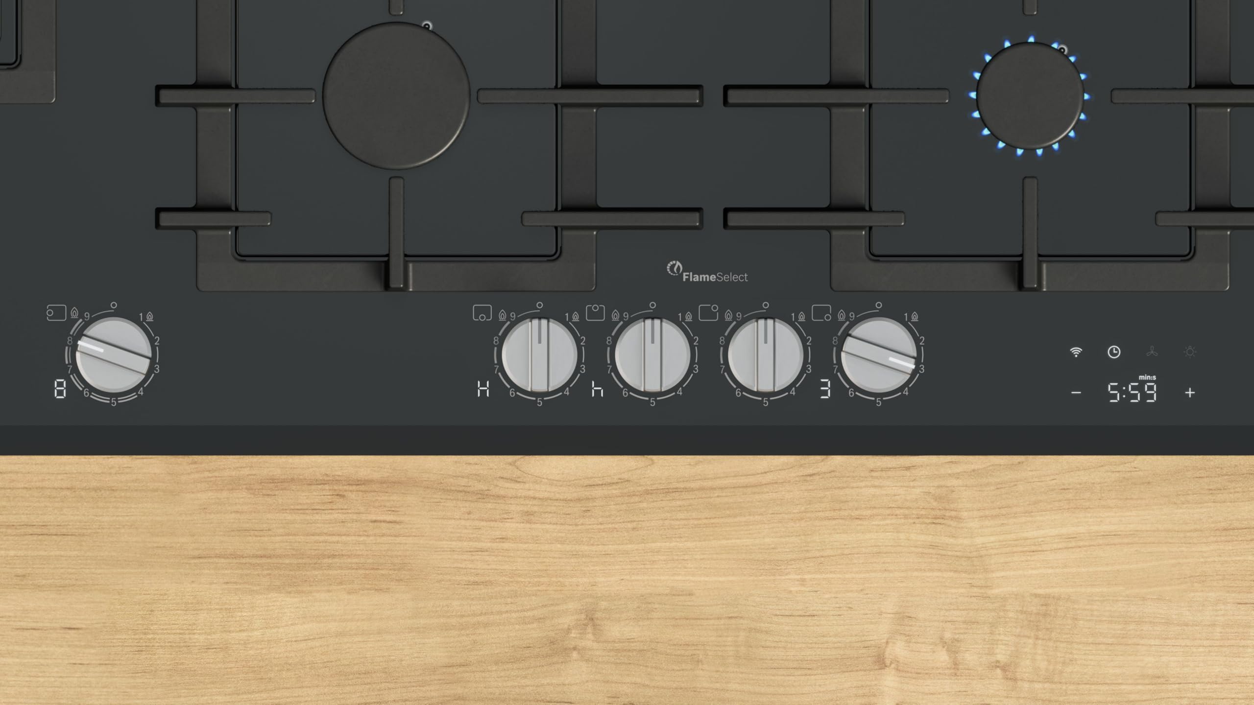 Bosch PRS9A6H40 Serie 8 Gaskochfeld, 90 cm, 9 FlameSelect Stufen, Touch Control, spülmaschinengeeignete Topfträger, Smart Hood Automatic, Home Connect, Sicherheits-Gasabschaltung, Schwarzes Hartglas