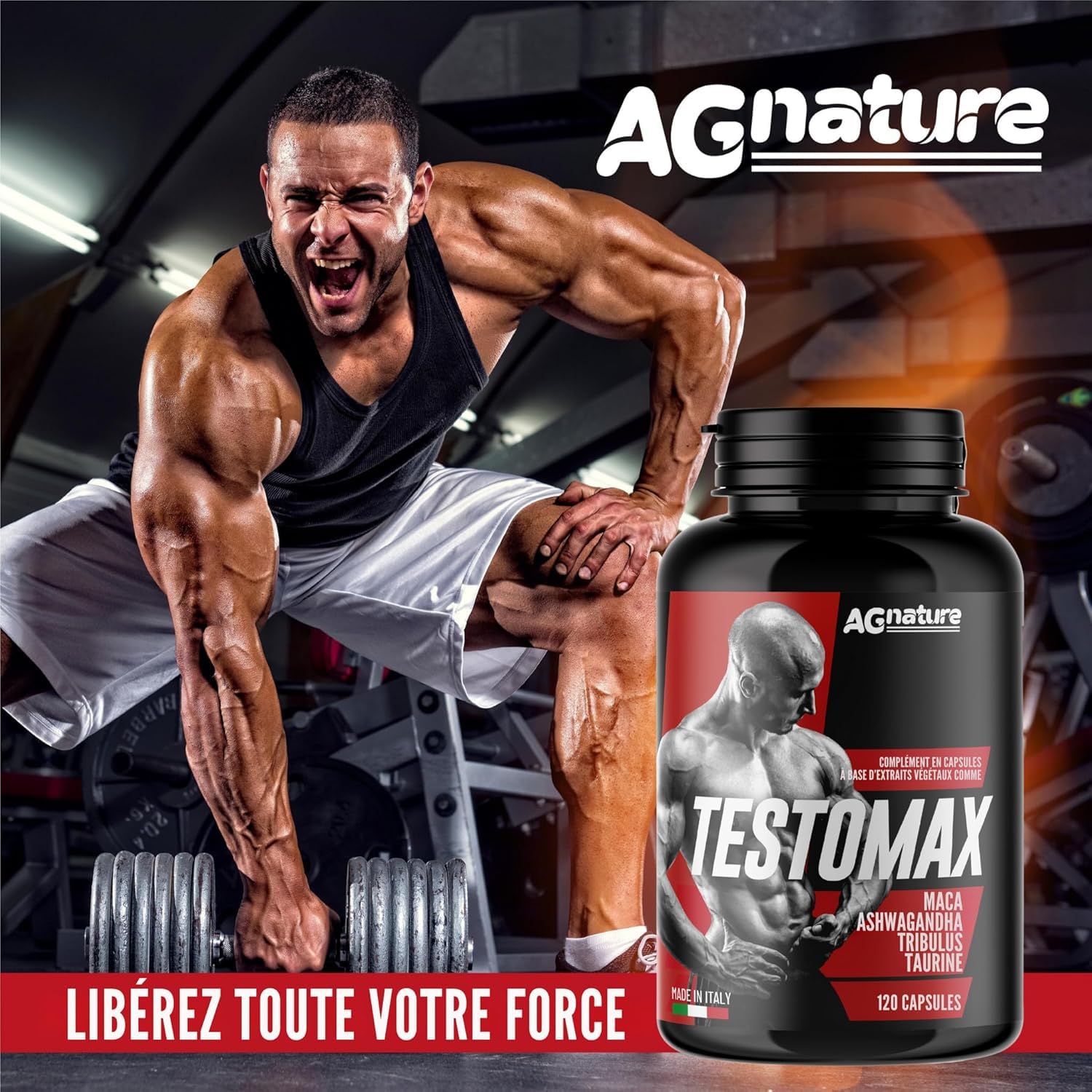 AG nature Testosterone Homme Fort pour Musculation 120 Pilule | Complément Alimentaire Puissant avec Tribulus Terrestris Maca Ginseng Gingembre Zinc