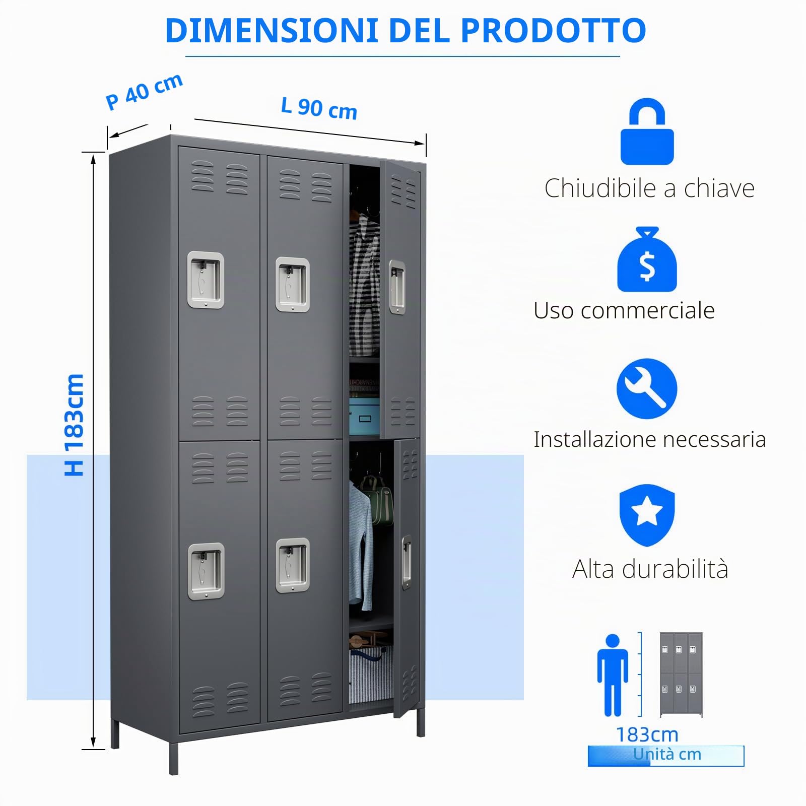 SUPEER Armadietto in metallo con 6 scomparti, armadio in metallo con fessure di ventilazione per dipendenti, palestra, scuola, ufficio (Grigio scuro)