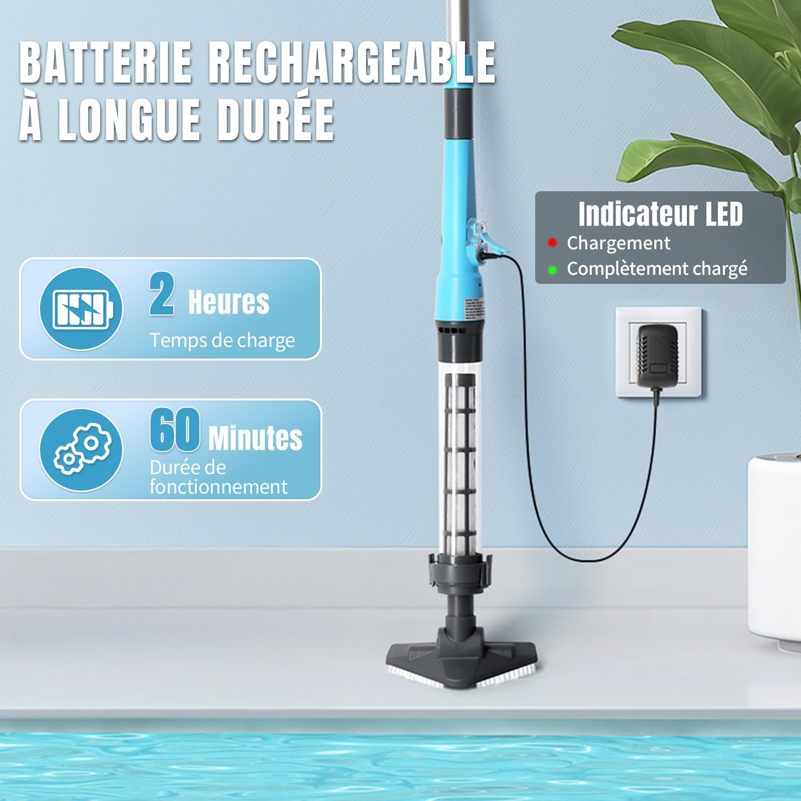 LEADZM Aspirateur Piscine Batterie sans Fil 4000mAh, Aspirateur Piscine Hors Sol pour Spa, 60 Min Autonomie, 220x17,2x9,6cm (Bleu)