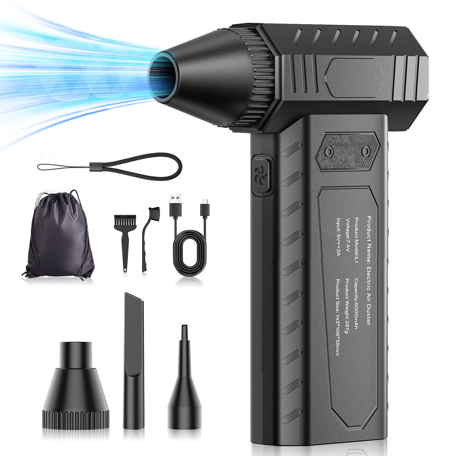 Souffleur Air Comprimé avec Buse Amovible, 180000 TR/Min Dépoussiérants Puissants électrique, 3 Vitesses Mini Air Comprimé Duster pour PC, Clavier, Voiture, Feuilles, Neige, Barbecue
