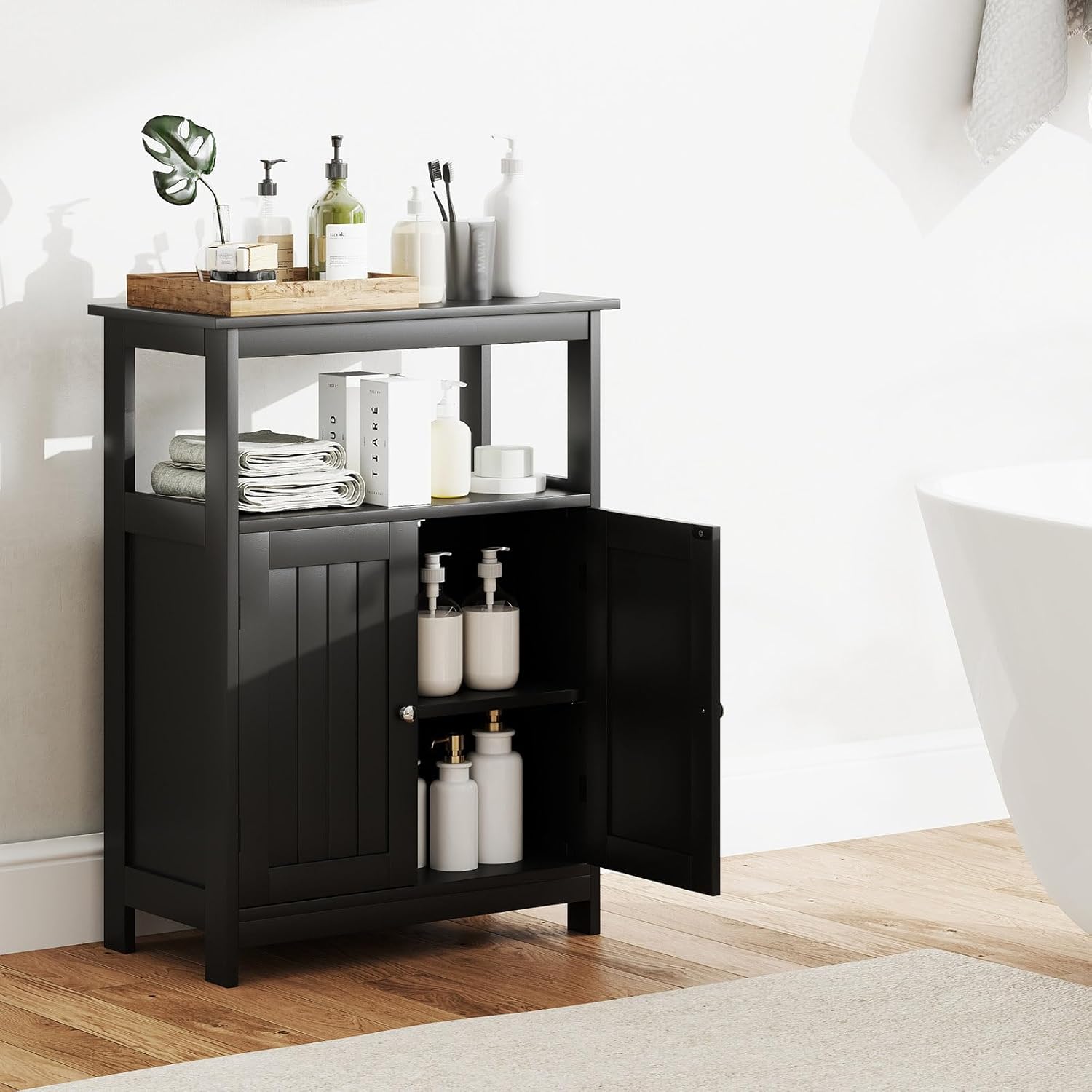 GOFLAME Bathroom Cabinet, Floor Storage Organizer with 2 Doors, 2 Open Shelves, 3-Level Adjustable Shelf, Modern Storage Unit for Laundry Room, Entryway, Living Room, Black