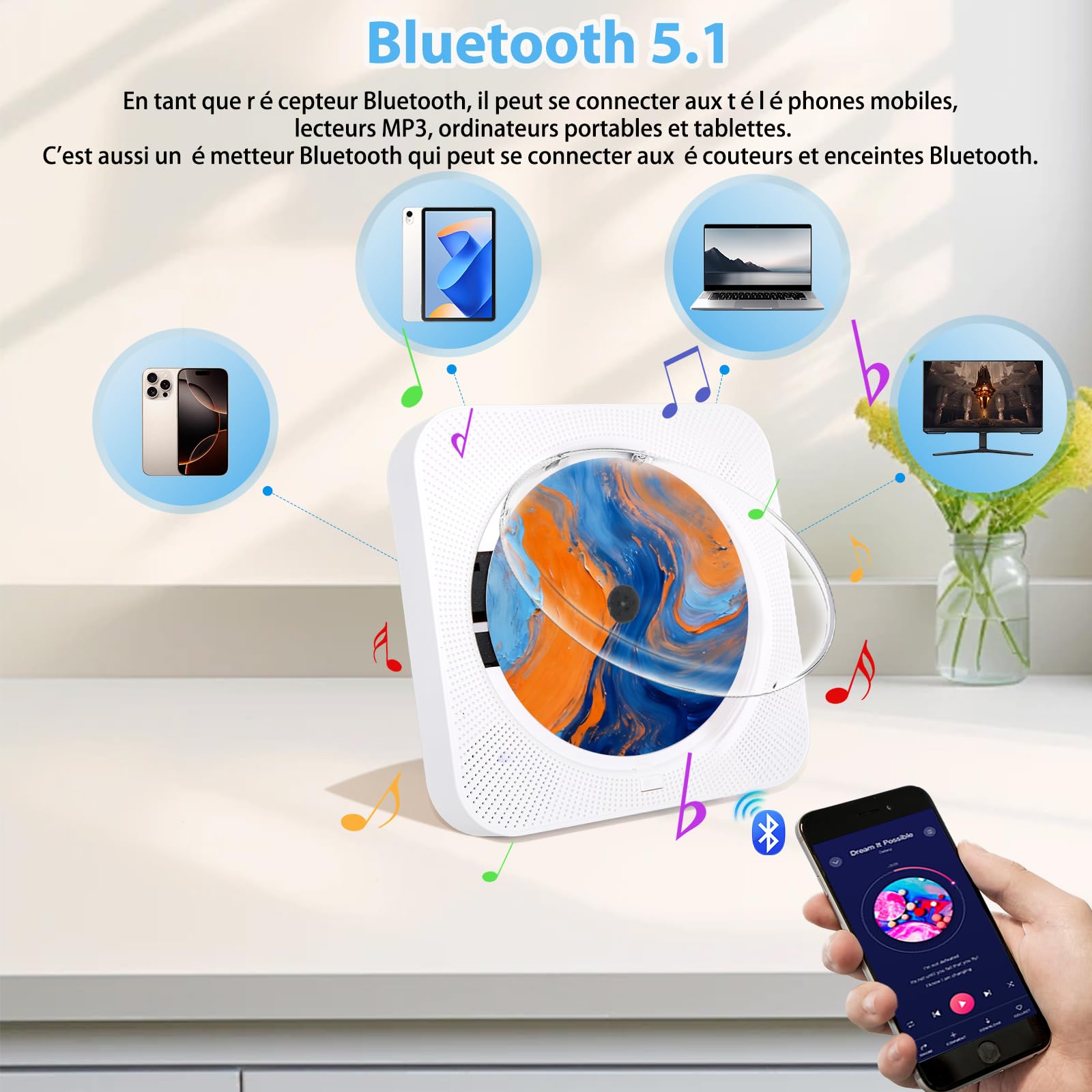Lecteur CD, CD Player Portable Bluetooth, CD Player Kpop de Bureau Ménage avec HiFi Double Haut-Parleur, Mini Lecteur Musique avec écran LCD Radio FM Prise Casque AUX/USB, Cadeaux Noel (Blanc)