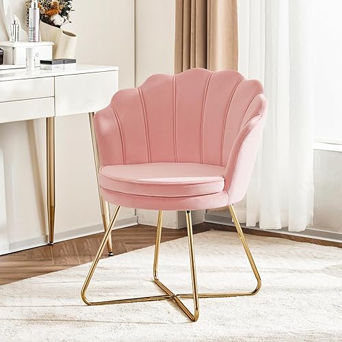 Miniatura 4 de Furnimart Silla de tocador rosa con respaldo, sillas decorativas de terciopelo para sala de estar, dormitorio, silla cruzada con patas doradas, sin