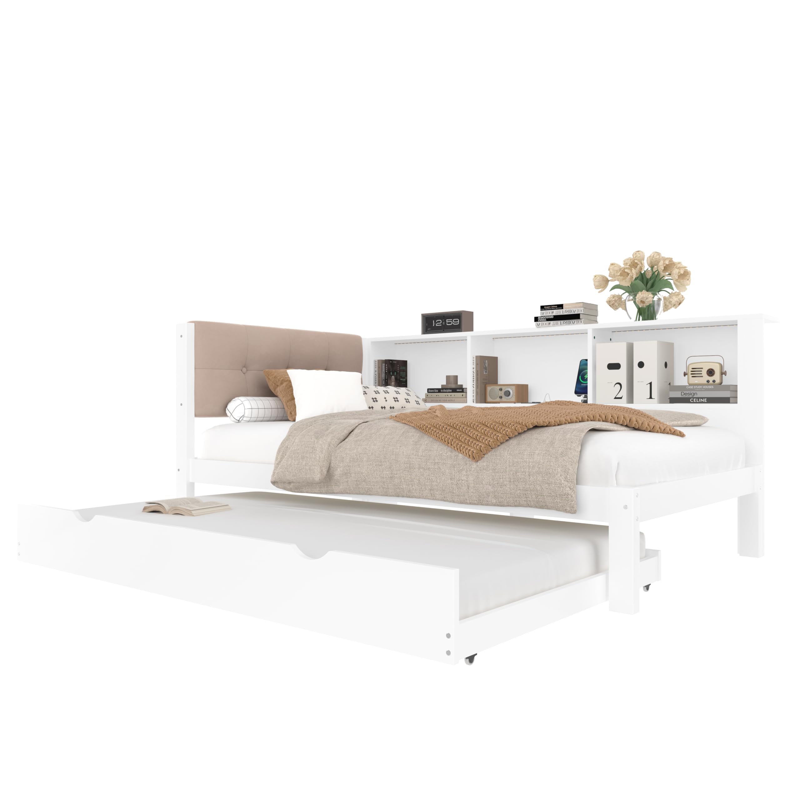 Divano letto, letto da giorno, divano letto, letto singolo, con letto estraibile, con striscia LED regolabile, con pratico ripiano, con presa USB, 90x200 cm, legno di pino (senza materasso)