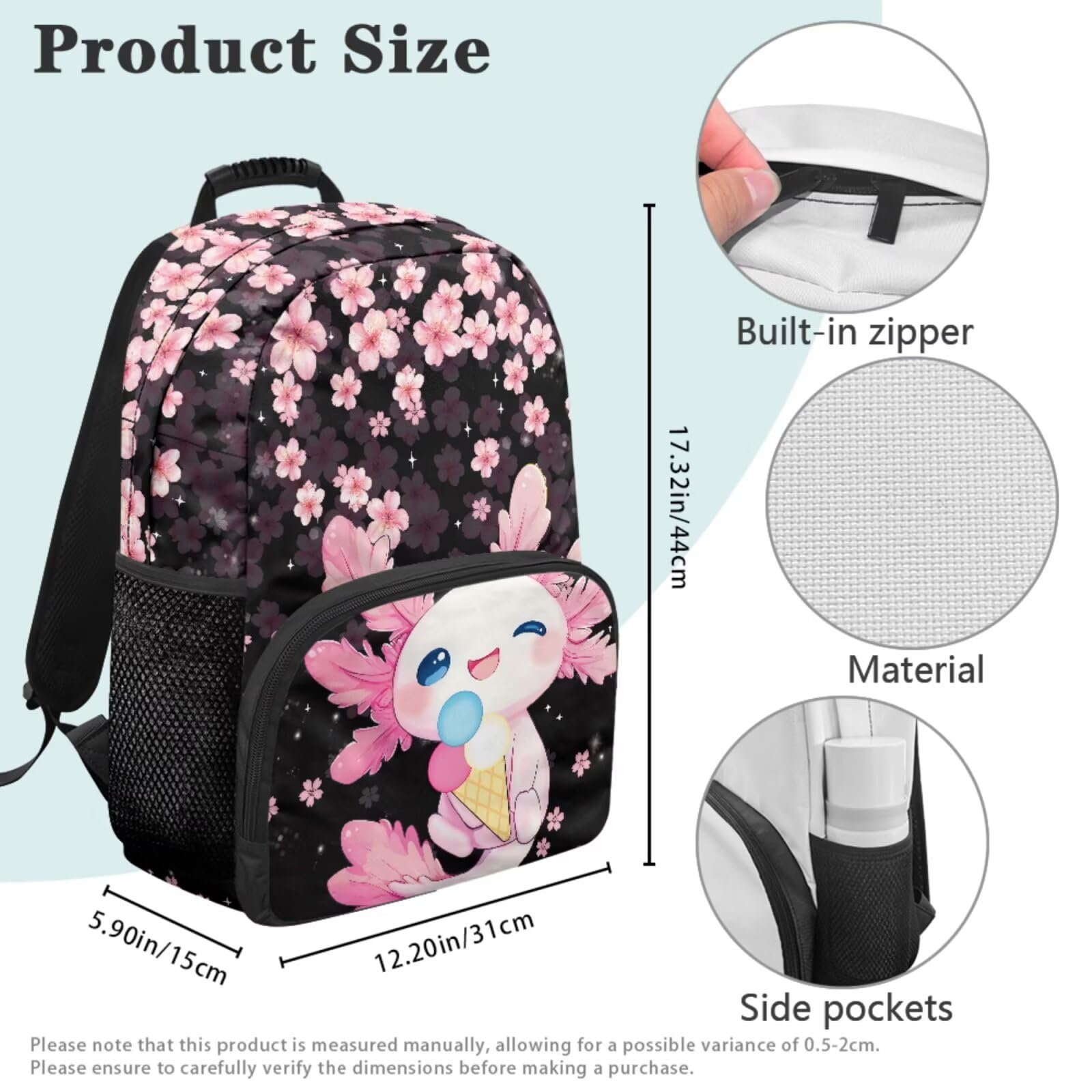 COEQINE Simpatico zaino per la scuola Axolotl con borsa per il pranzo per bambini, 5 pezzi, borsa per libri scolastici, portapenne, portaposate, Gelato Axolotl ai Fiori di Ciliegio Nero