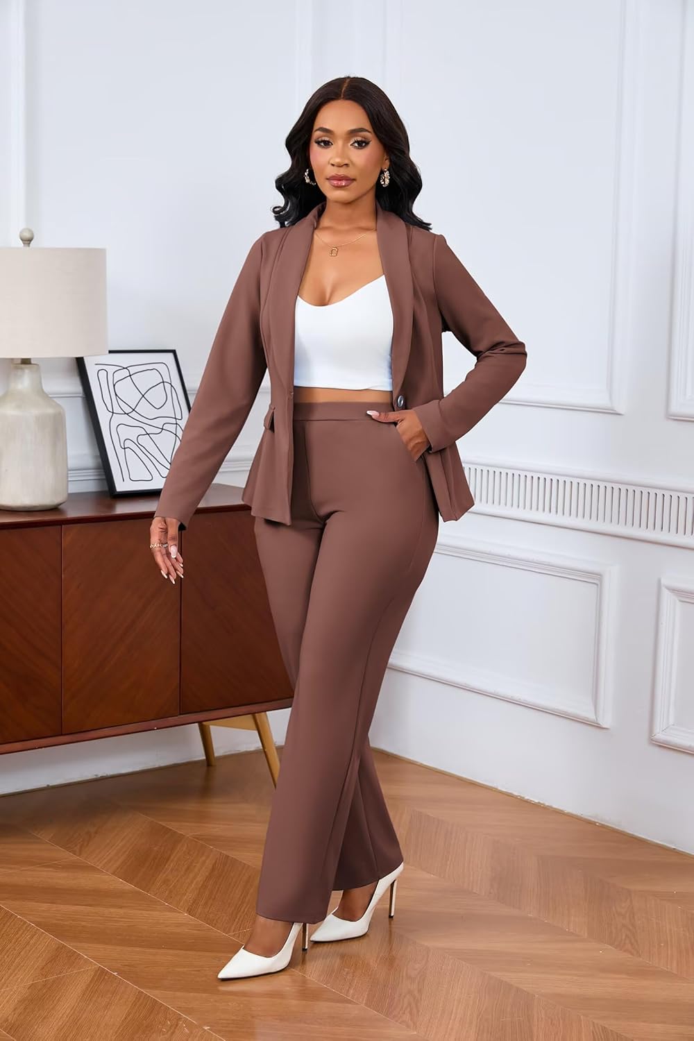 Ophestin Business 2 Piece Pant Suits for Women Dressy Blazer Straight Leg Pantsuit Set Formal Casual Office Work Outfits - Image 3