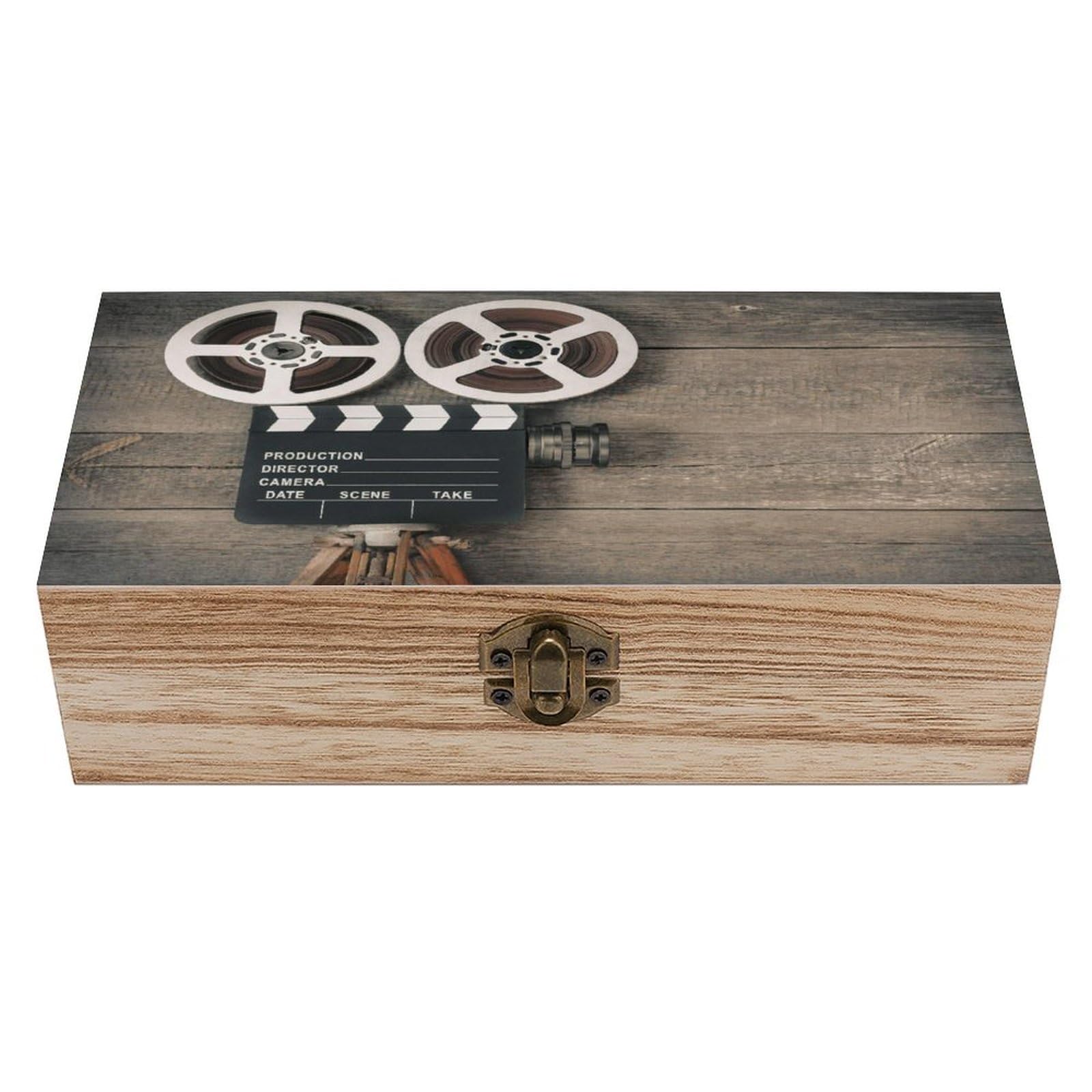 asbwuo Old Movie Camera Wood Keepsake Box Wooden Box with Hinged Lid