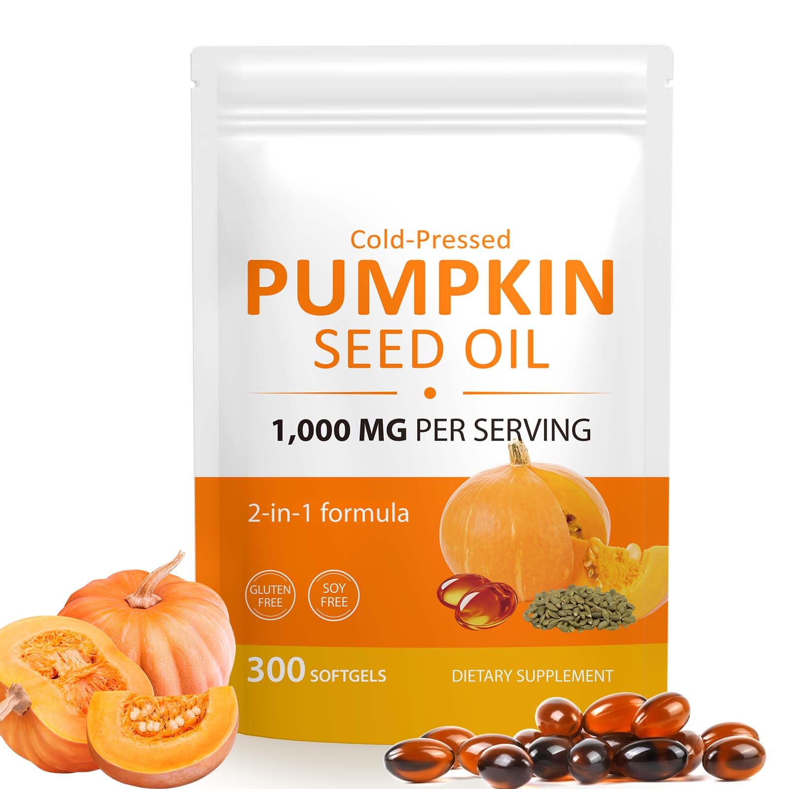 Pumpkin Seed Oil Capsules for Hair Growth, 300 Softgels for Hormone Balance & Prostate Health, Cold Pressed Pure Virgin Oil, Urinary Support, Skin Care