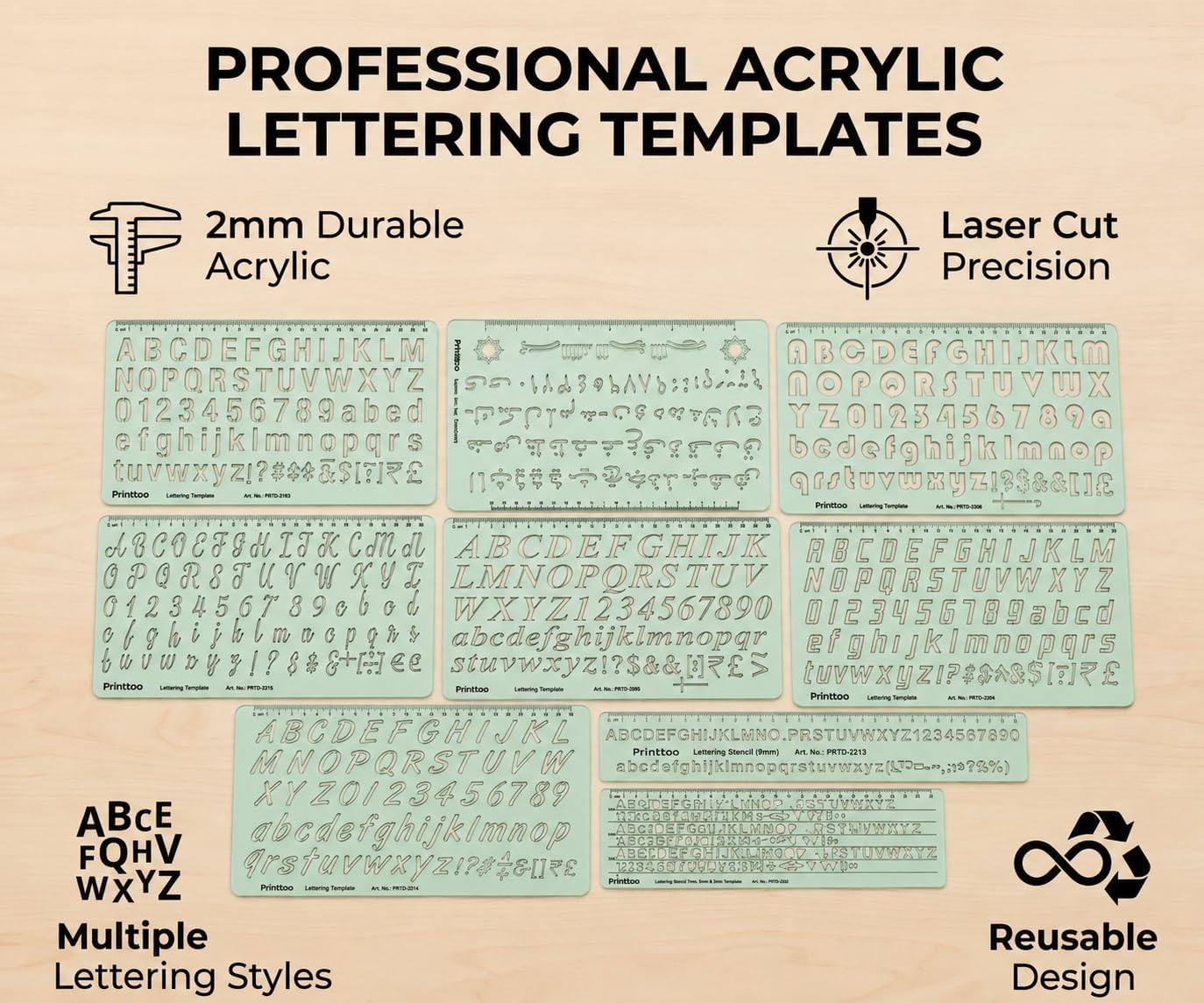 Printtoo 9 Pcs Acrylic Lettering Templates Kit, 2mm Reusable Letter Stencils with Alphabet, Numbers & Symbols for Drafting, Calligraphy, Signs, School Projects, Art and Craft Drawing image 2