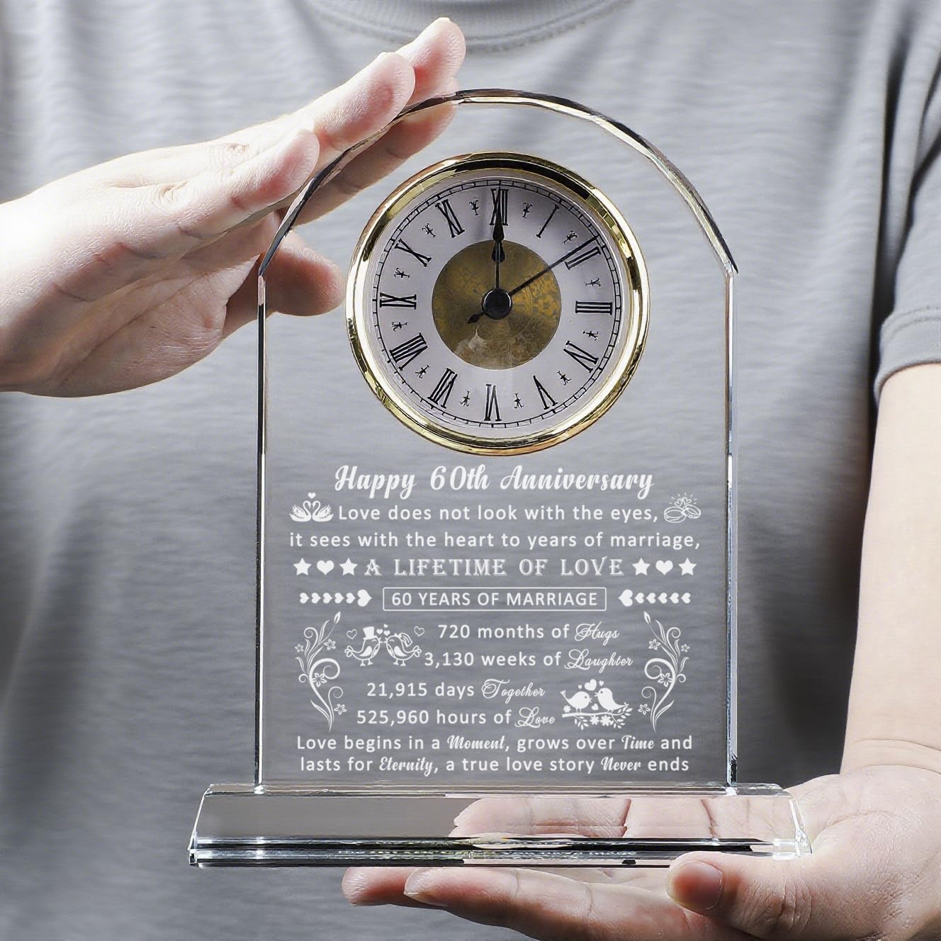 60th Wedding Anniversary Glass Quartz Clock Gifts for Women Men, 60 Year Anniversary Romantic Gift for Him Her, Diamond Anniversary Clock Gifts for Couple, 60 Years of Marriage Gifts