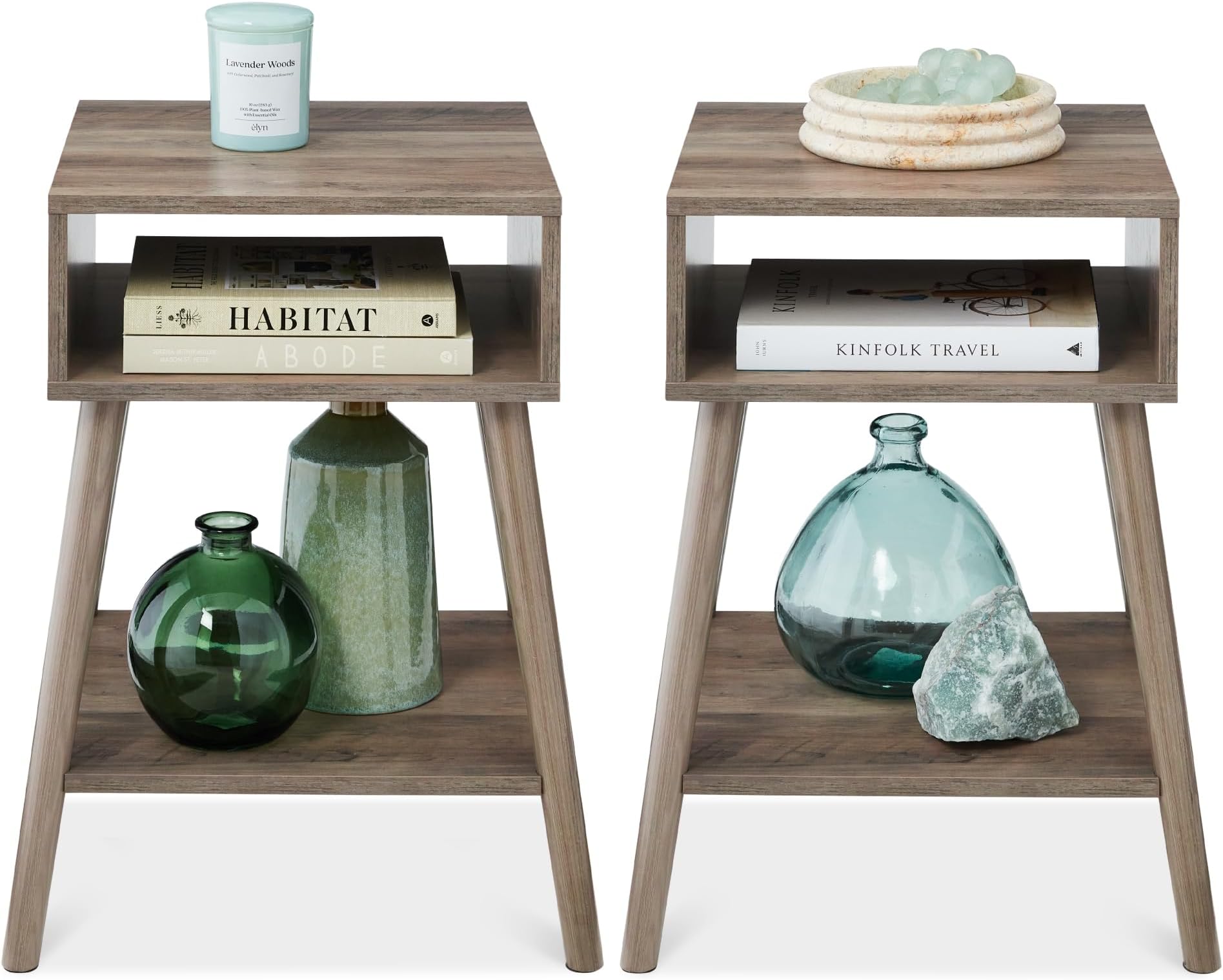 Best Choice Products Mid-Century Modern End Table Set of 2, Side Accent Furniture for Living Room, Den, Sitting Room, Space Saving w/Cubby Storage, Lower Shelf, Pine Wood Legs - Gray Oak