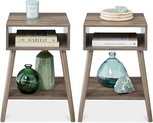 Best Choice Products Mid-Century - Juego de 2 mesas auxiliares modernas para sala de estar, estudio, sala de estar, ahorro de espacio con