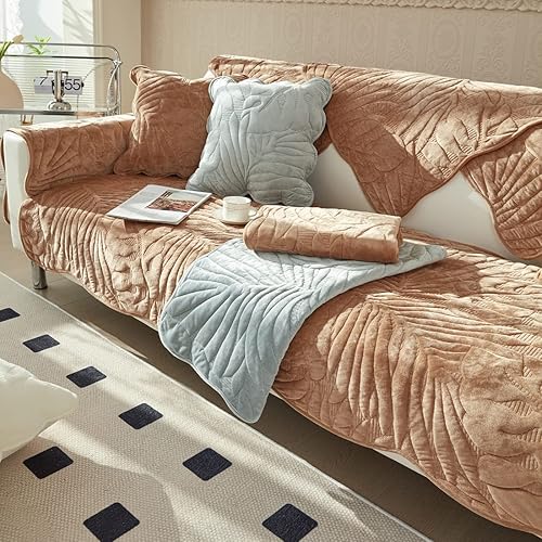 Miniatura 8 de vctops Funda de sofá de felpa de terciopelo con diseño de hojas de palma, funda suave y mullida antideslizante para sofá, para perros, gatos, niños