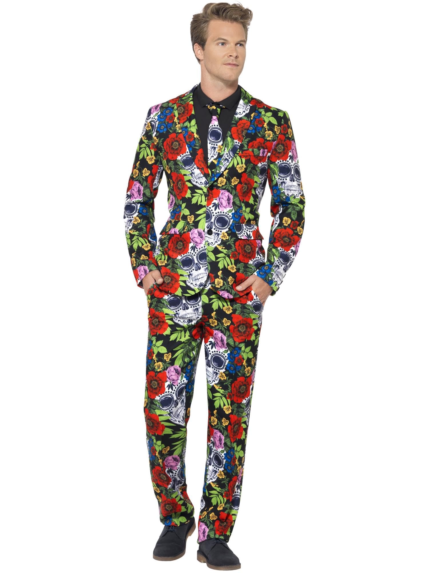 Smiffys Traje del Día de Muertos, Multicolor, con chaqueta, pantalón y corbata Halloween, Carnaval
