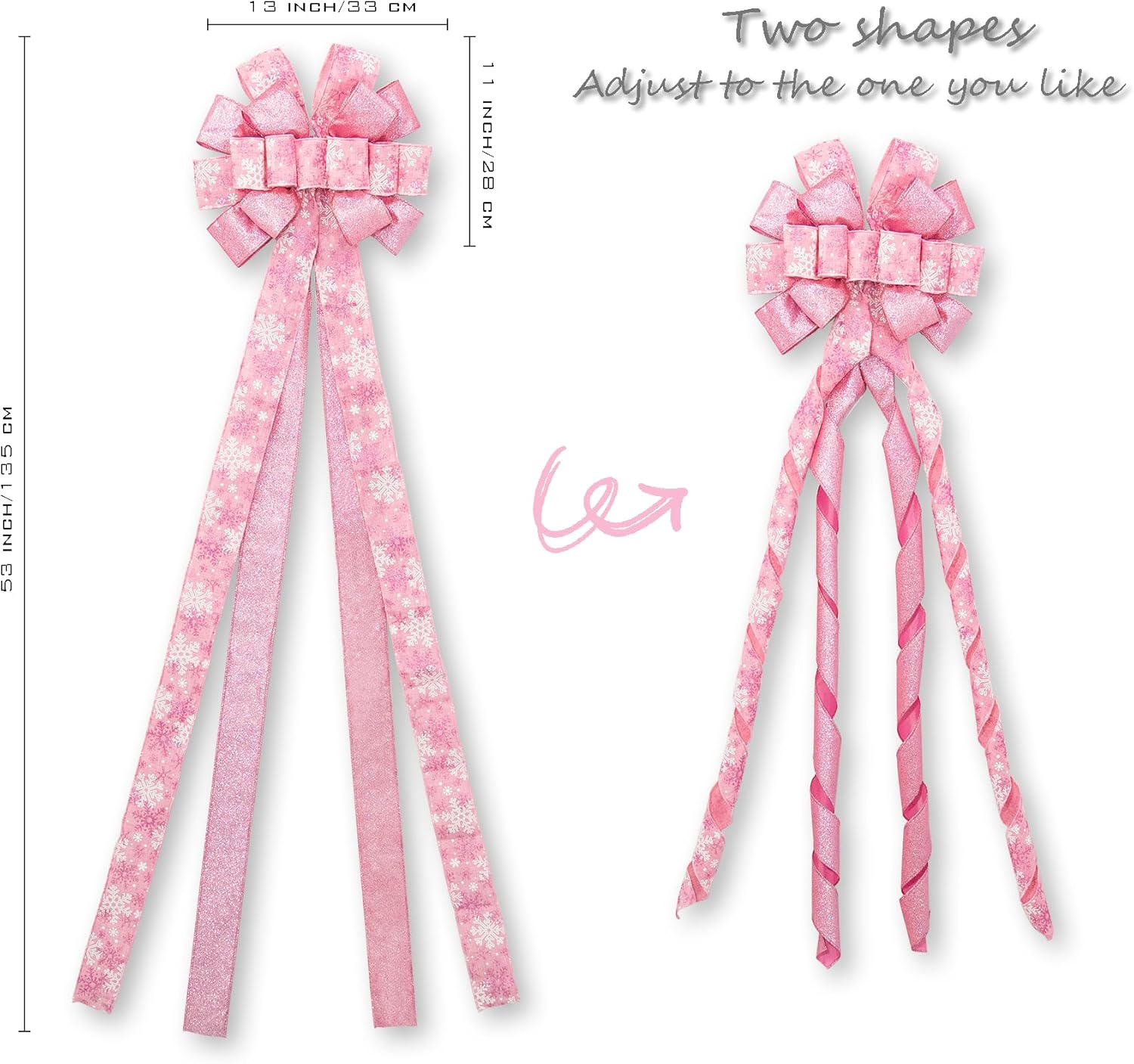 Christmas Tree Topper Bow,53x13 Inches Large Christmas Bow with Glitter Streamer and Patterned Ribbon,Decorative Bows for Xmas Tree Wreath Door Festival Home Decor(Pink Snowflake) - Image 4