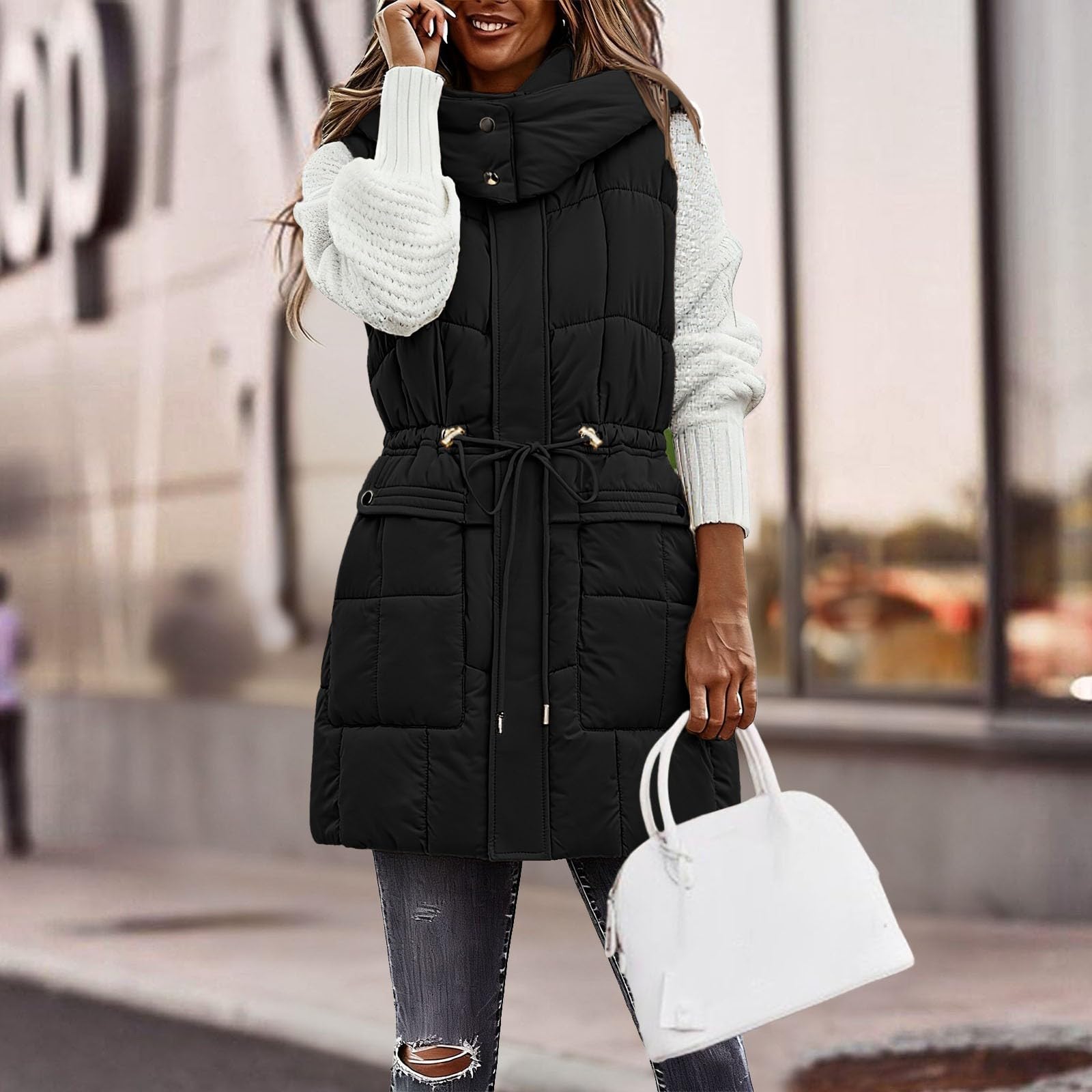 Gilet lungo trapuntato da donna con coulisse in vita, giacca senza maniche con cappuccio per calore e stile invernali