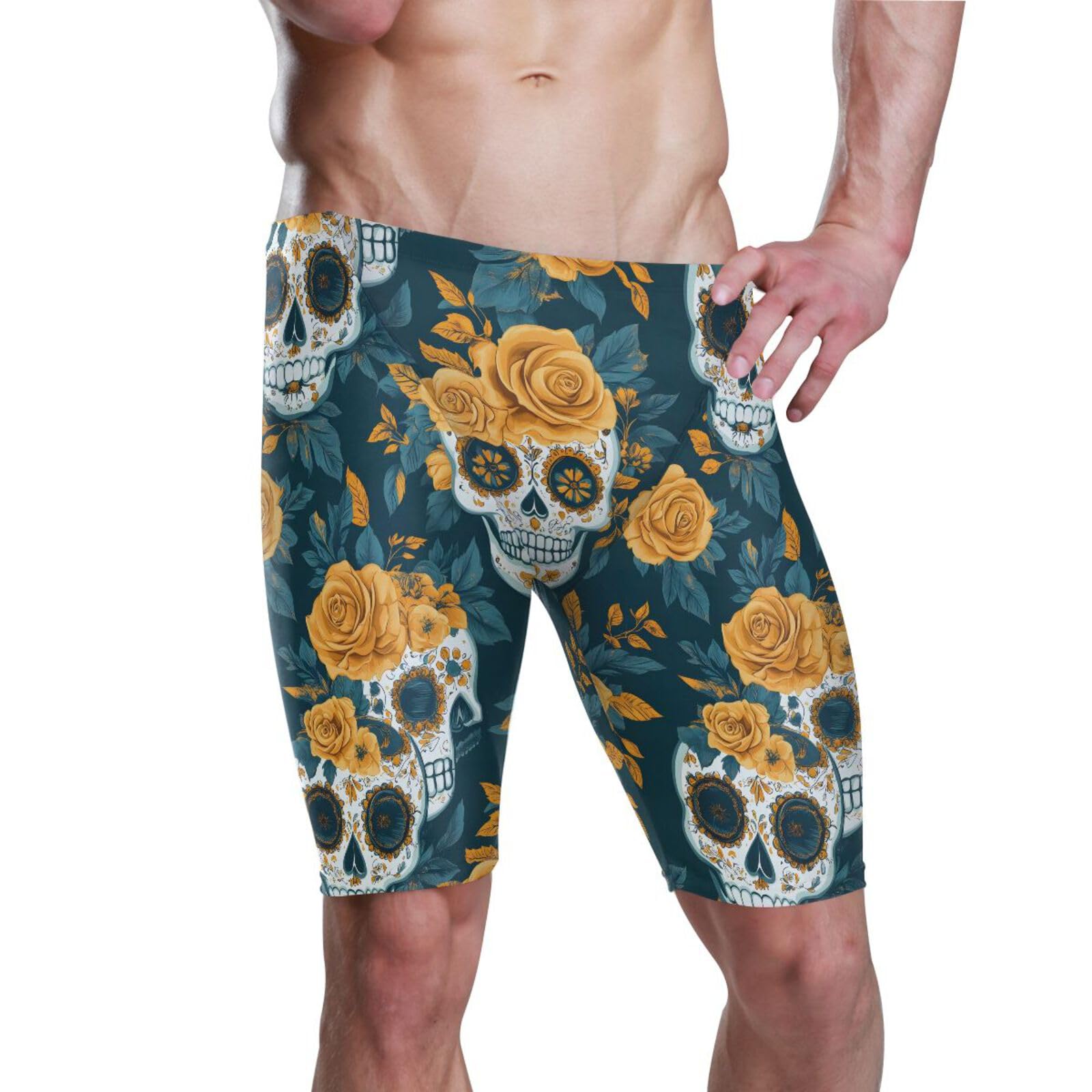 UMIRIKO Swimsuit for Men Gothic Skull Yellow Rose Men's Swimsuit Jammer XXL 202b8487